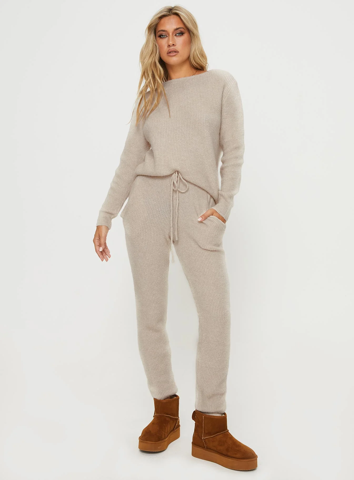 Abrams Rib Knit Pant Beige - Image 3