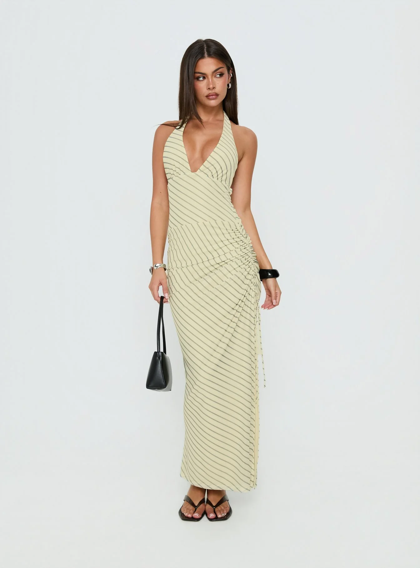 Adolena Halter Ruched Maxi Dress Yellow Stripe - Image 2