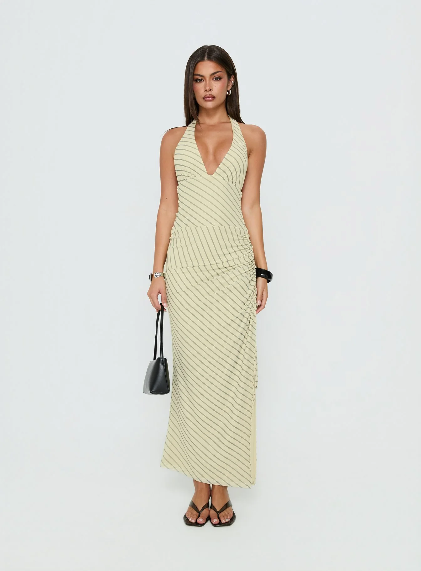 Adolena Halter Ruched Maxi Dress Yellow Stripe - Image 7