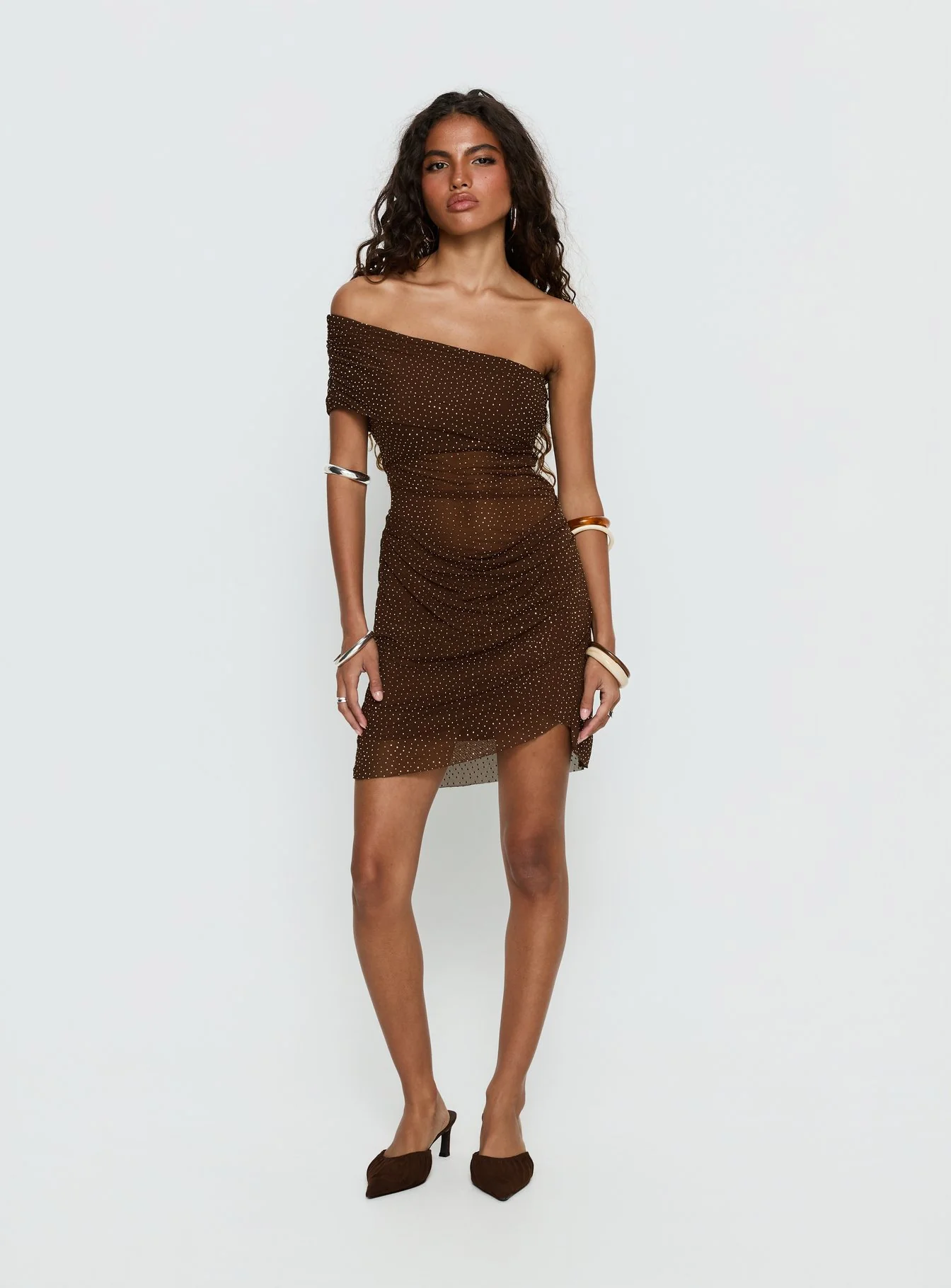 Adriessa One Shoulder Sheer Mini Dress Dark Brown Shimmer - Image 3