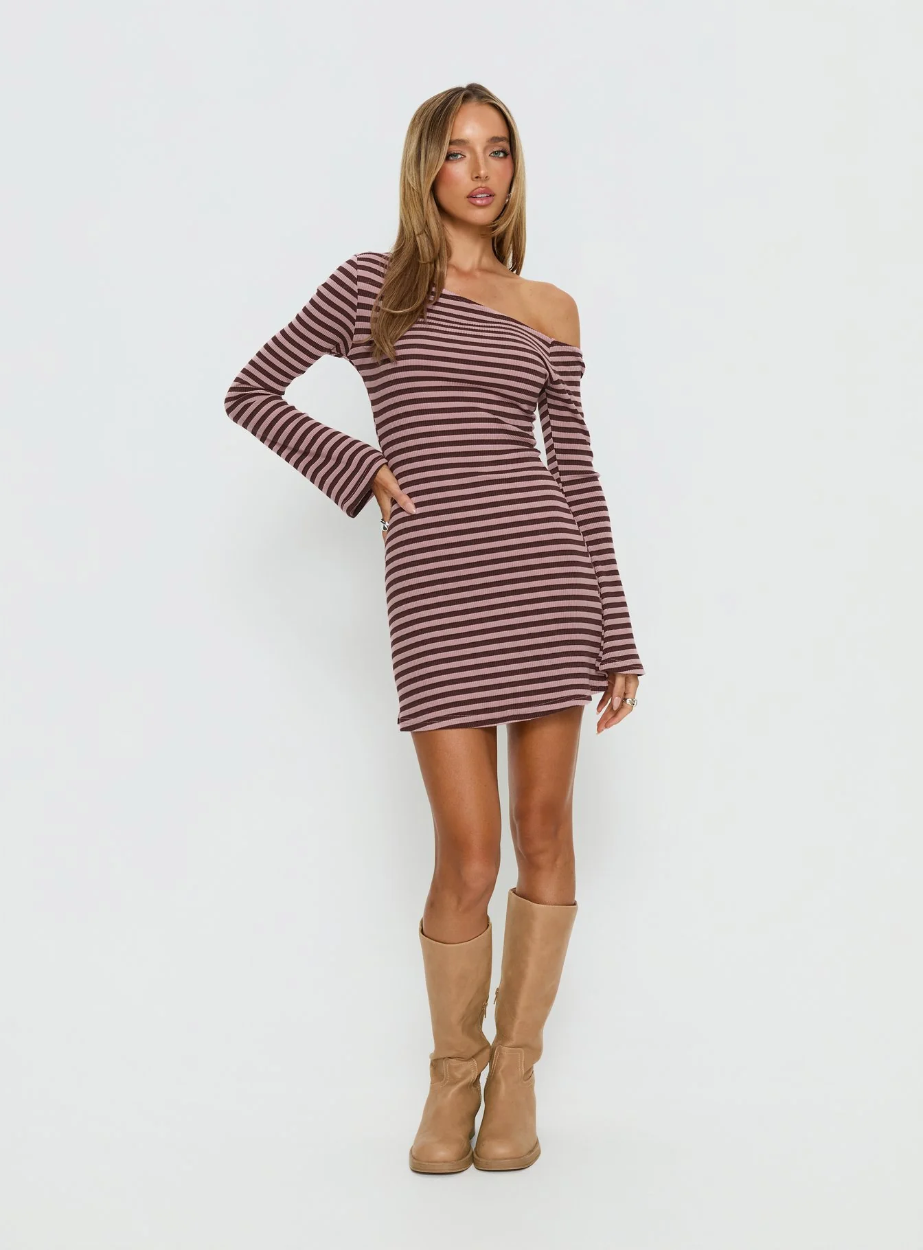 Adrietta Long Sleeve Off Shoulder Mini Dress Chocolate / Pink Stripe - Image 2
