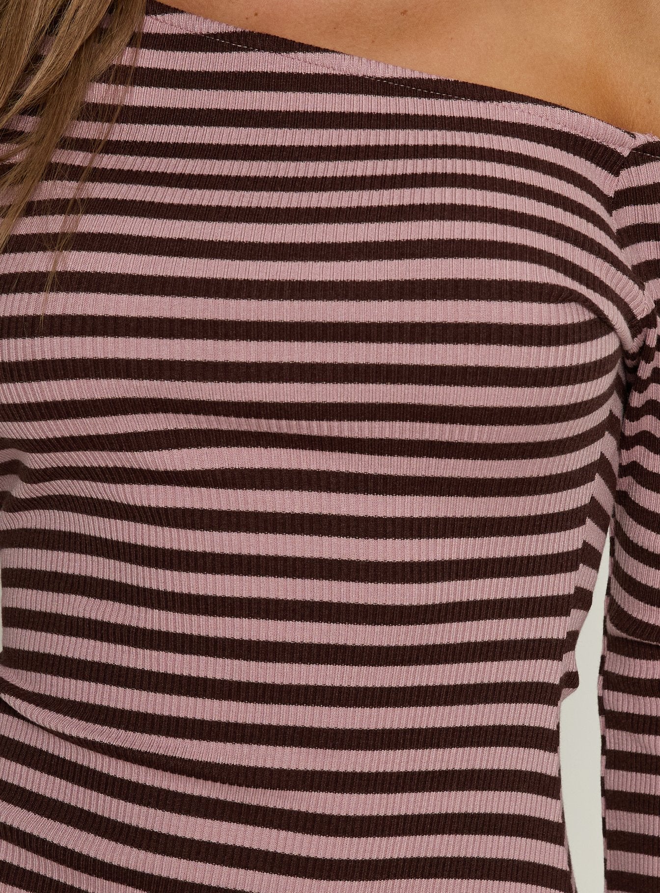 Adrietta Long Sleeve Off Shoulder Mini Dress Chocolate / Pink Stripe - Image 5