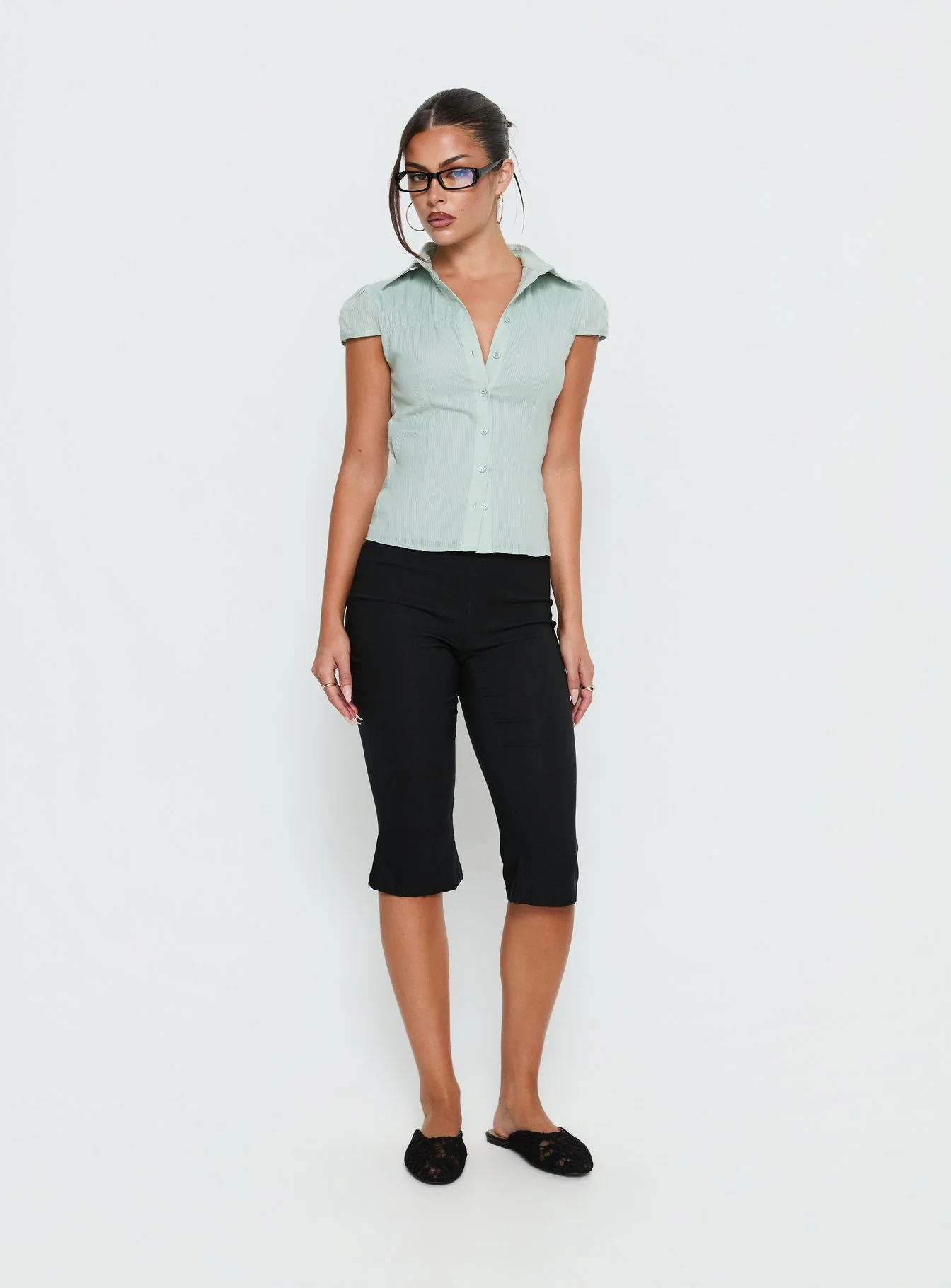 Adulation Ruched Detail Short Sleeve Shirt Green - Image 2
