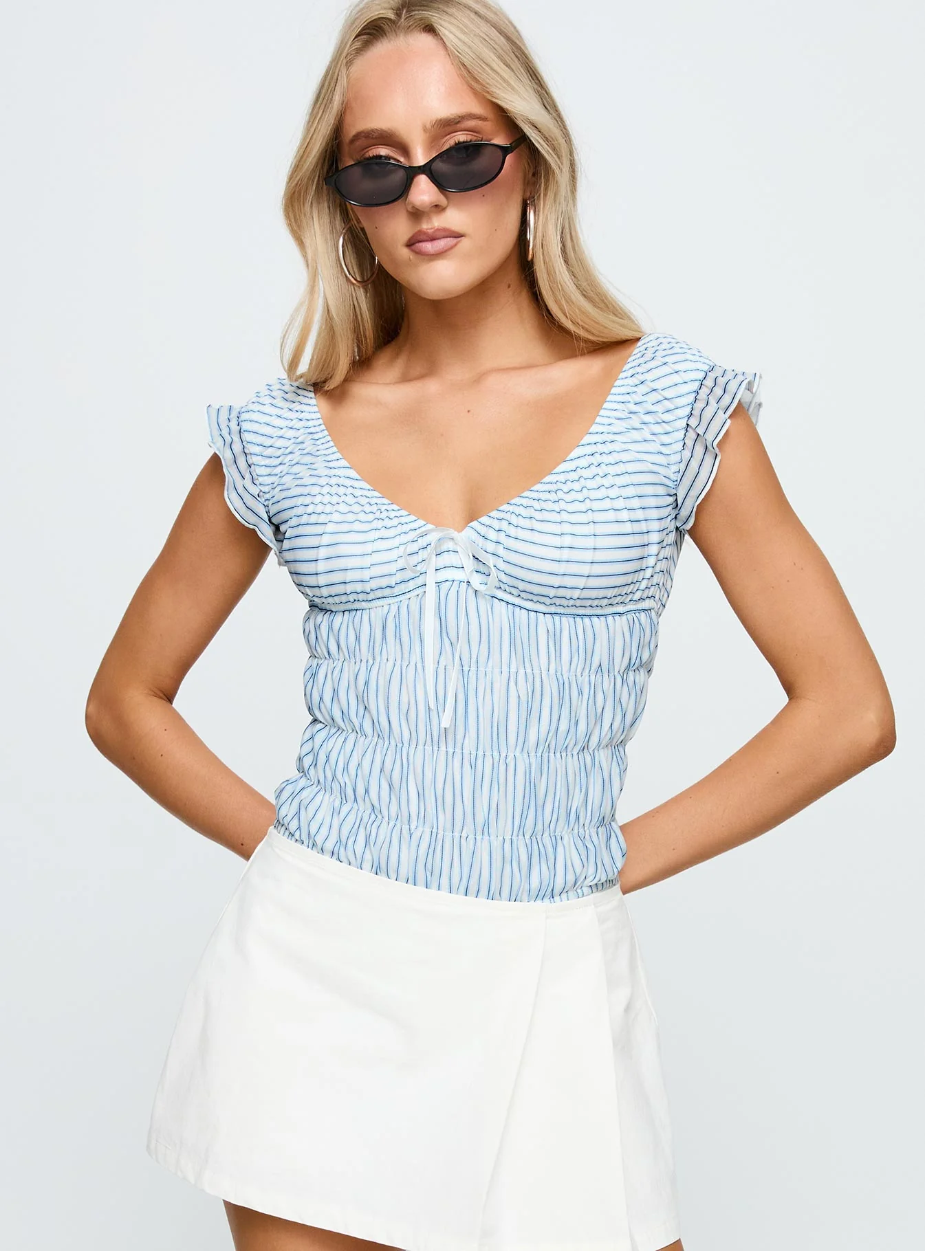 Ahead Of Myself Off Shoulder Bodysuit Blue Stripe - Image 2