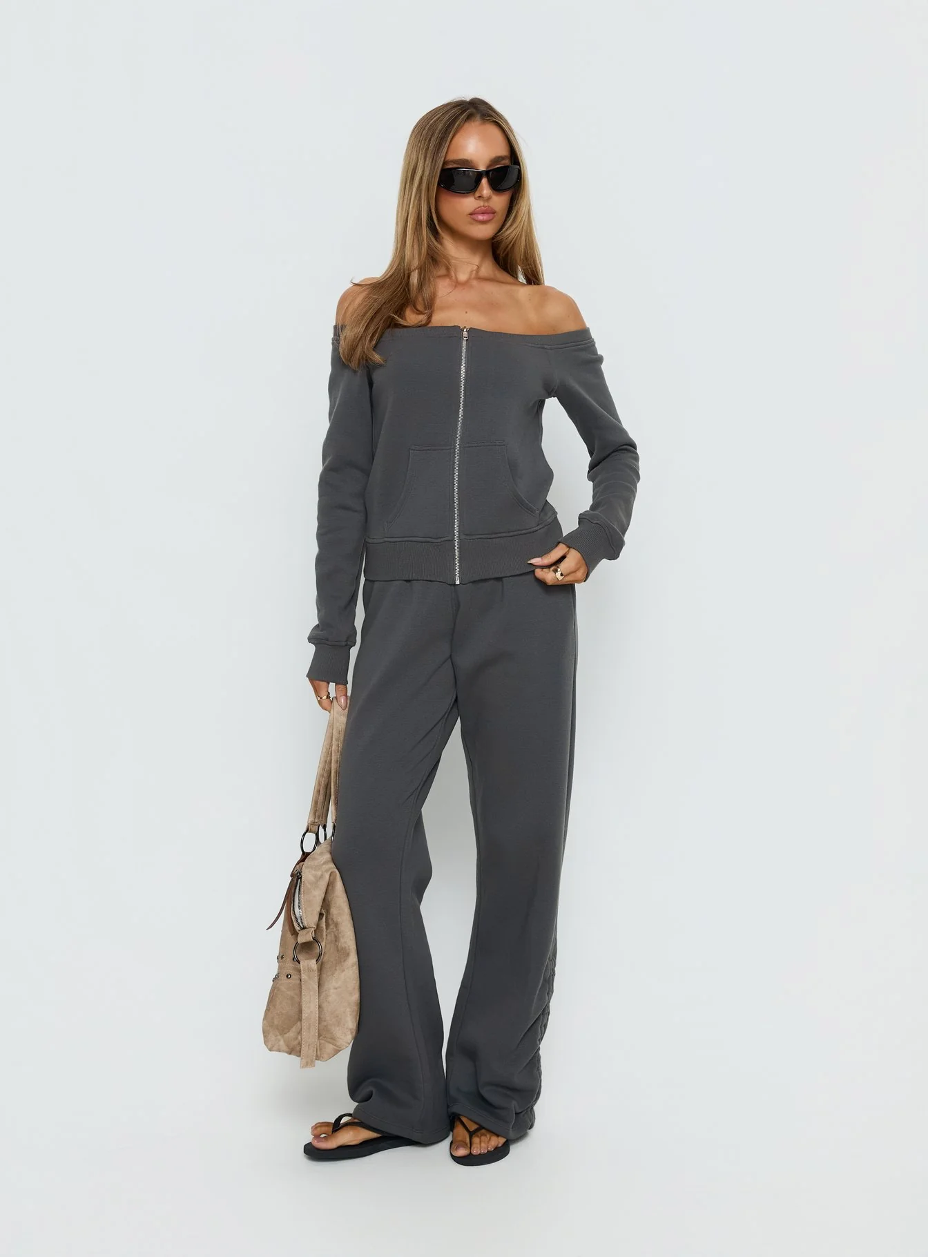 Airazo Off Shoulder Zip Through Jumper Grey - Image 3