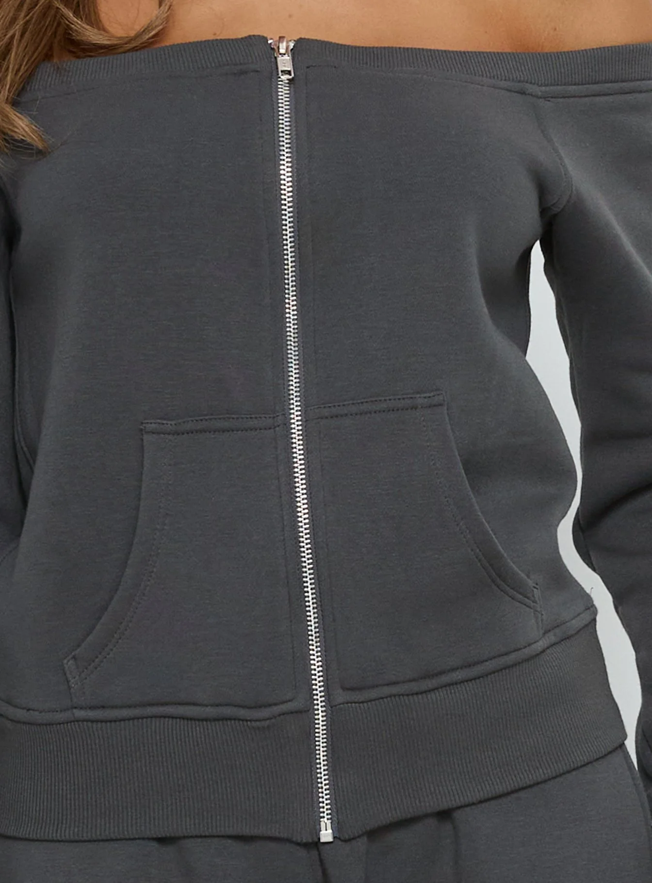 Airazo Off Shoulder Zip Through Jumper Grey - Image 6