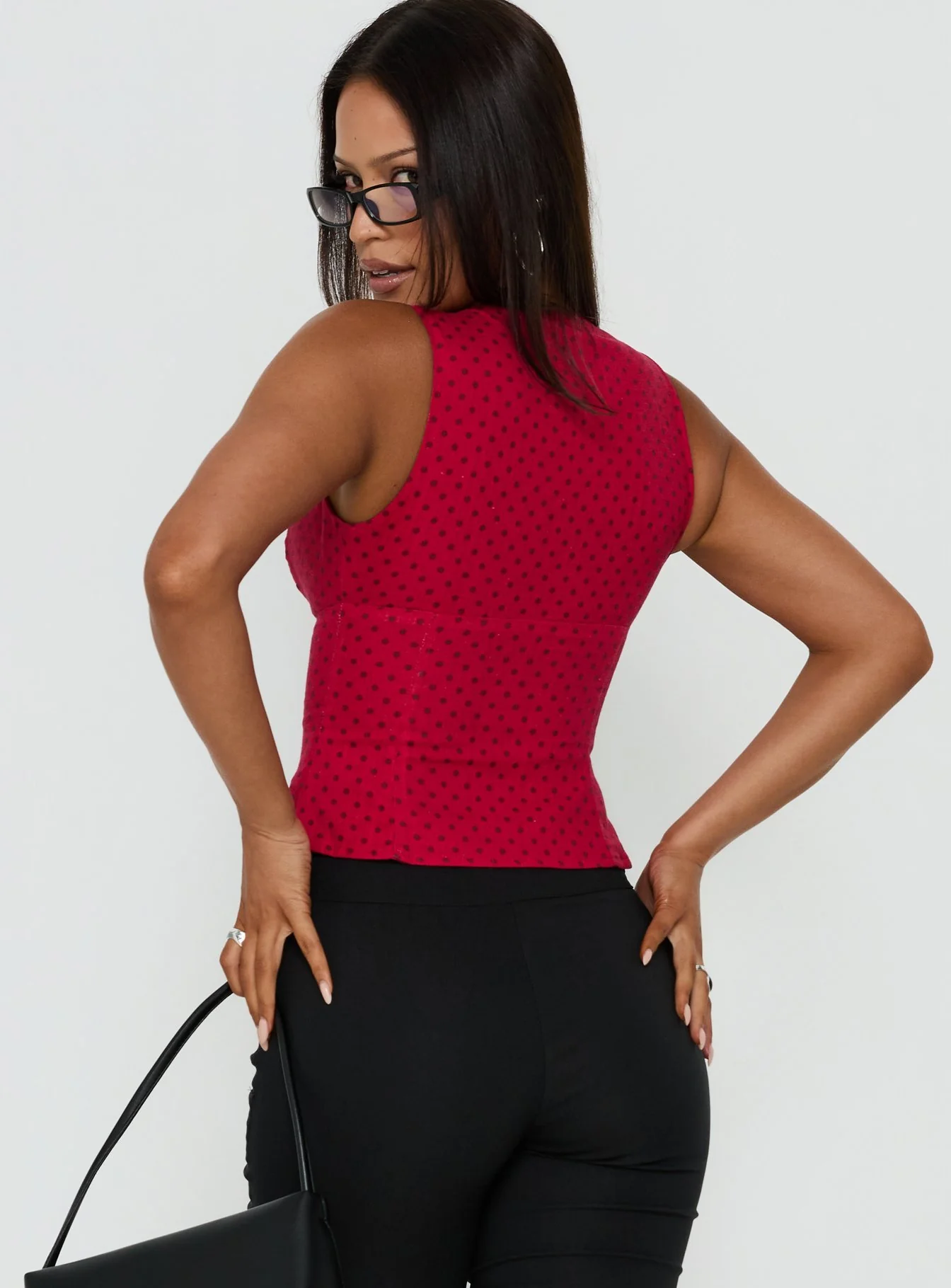 Alissea Keyhole Linen Blend Top Red Polka - Image 5