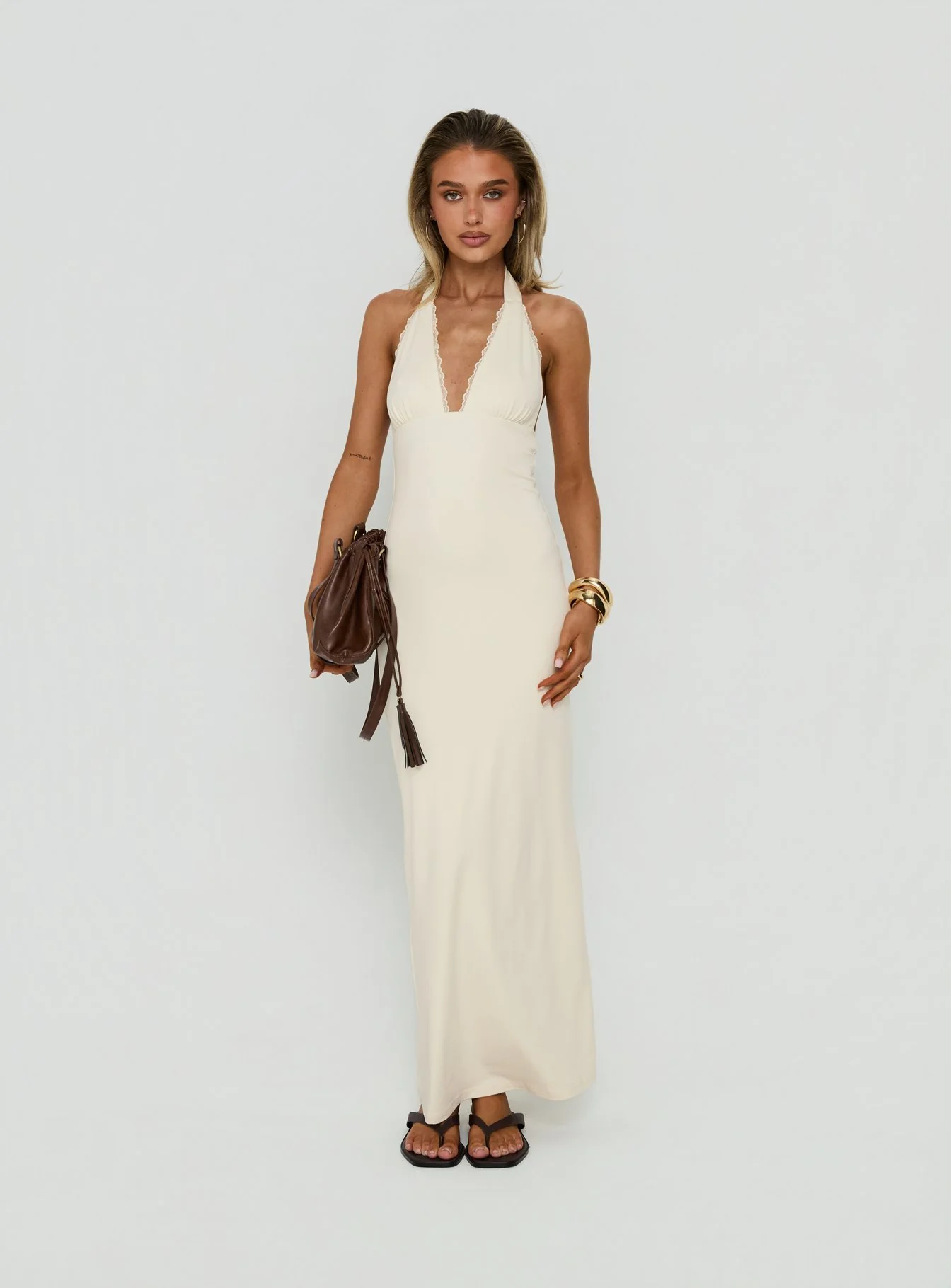 Almeria Lace Detail Halter Maxi Dress Butter - Image 3
