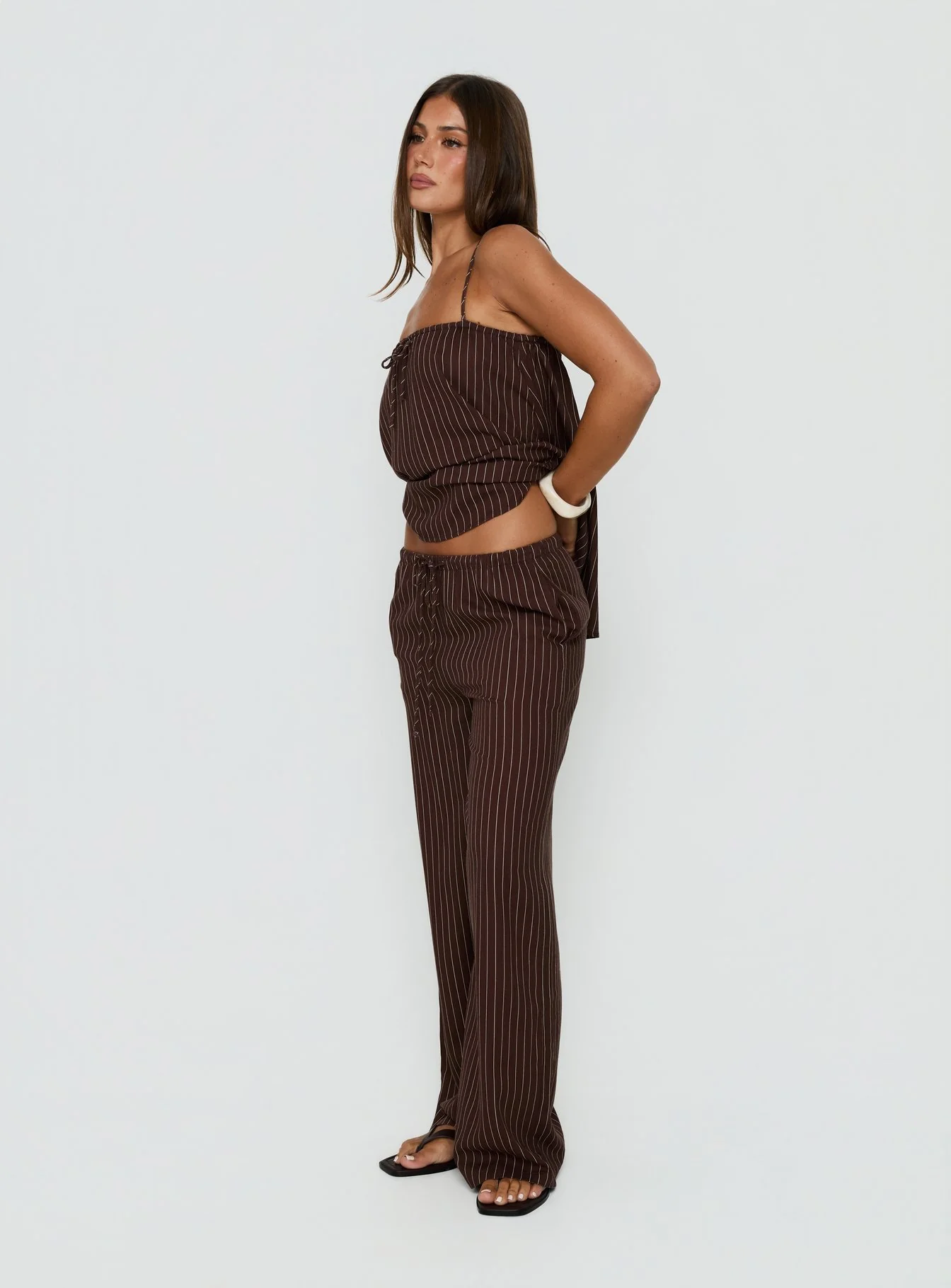 Amibella Mid Rise Wide Leg Pants Brown / Cream Stripe - Image 3