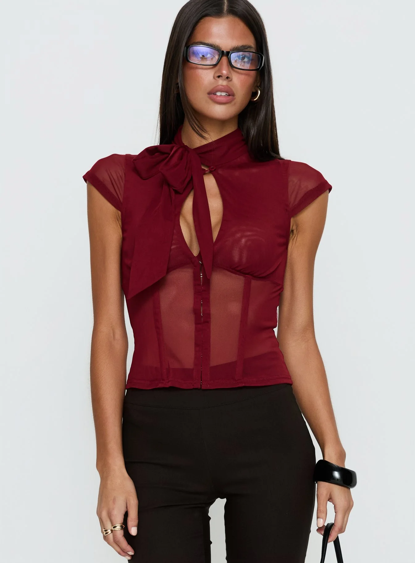 Anistasia Mesh Keyhole Corset Top Burgundy - Image 2