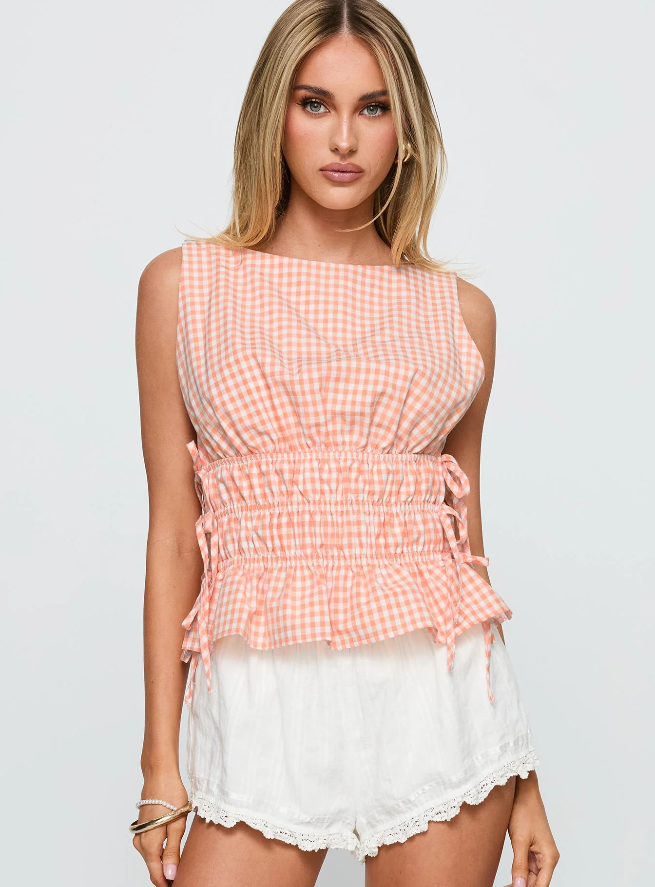 Antiqued Tie Side Top Orange Check - Image 2