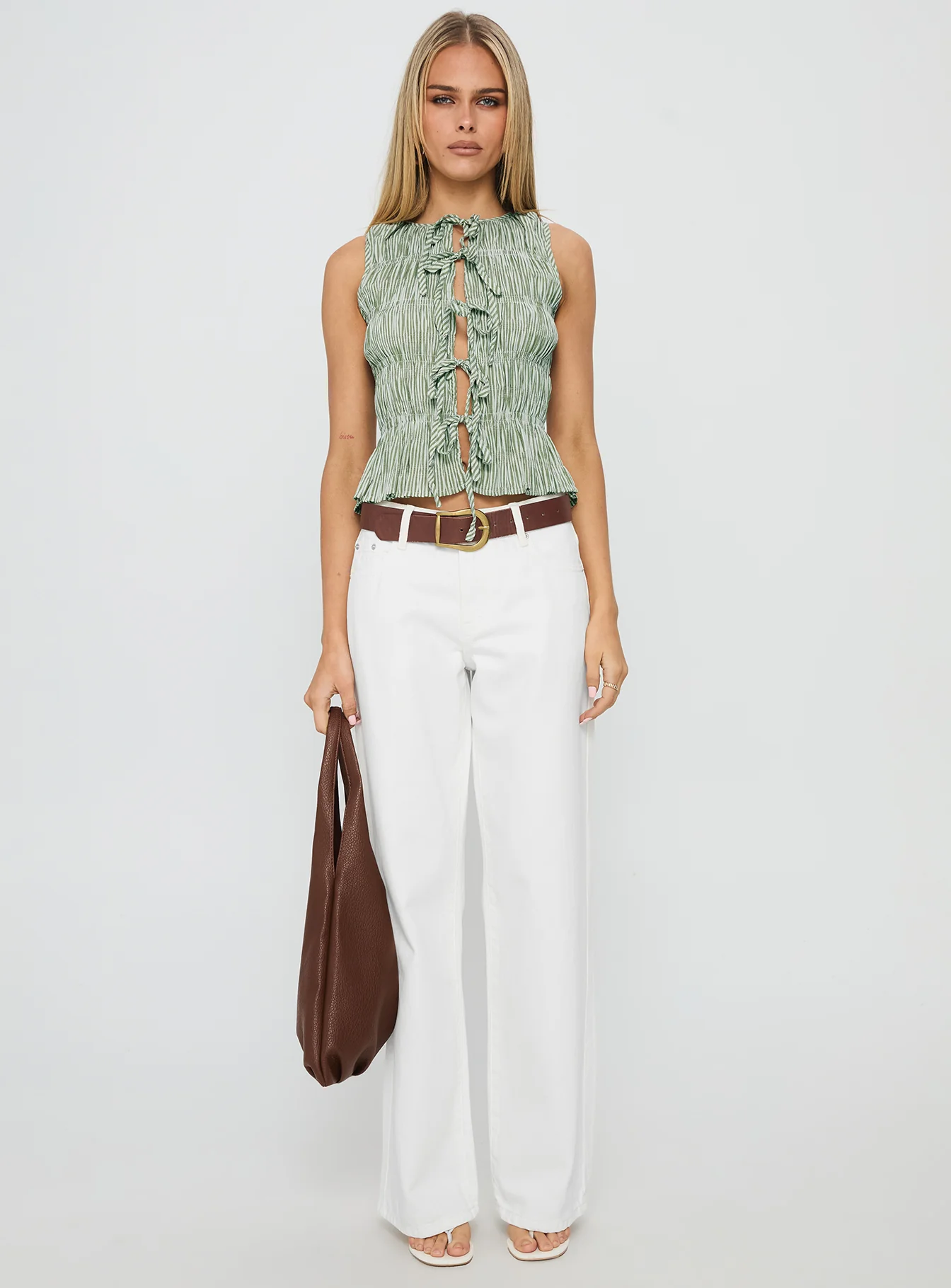 Apero Shirred Tie Front Top Green / White Stripe - Image 7