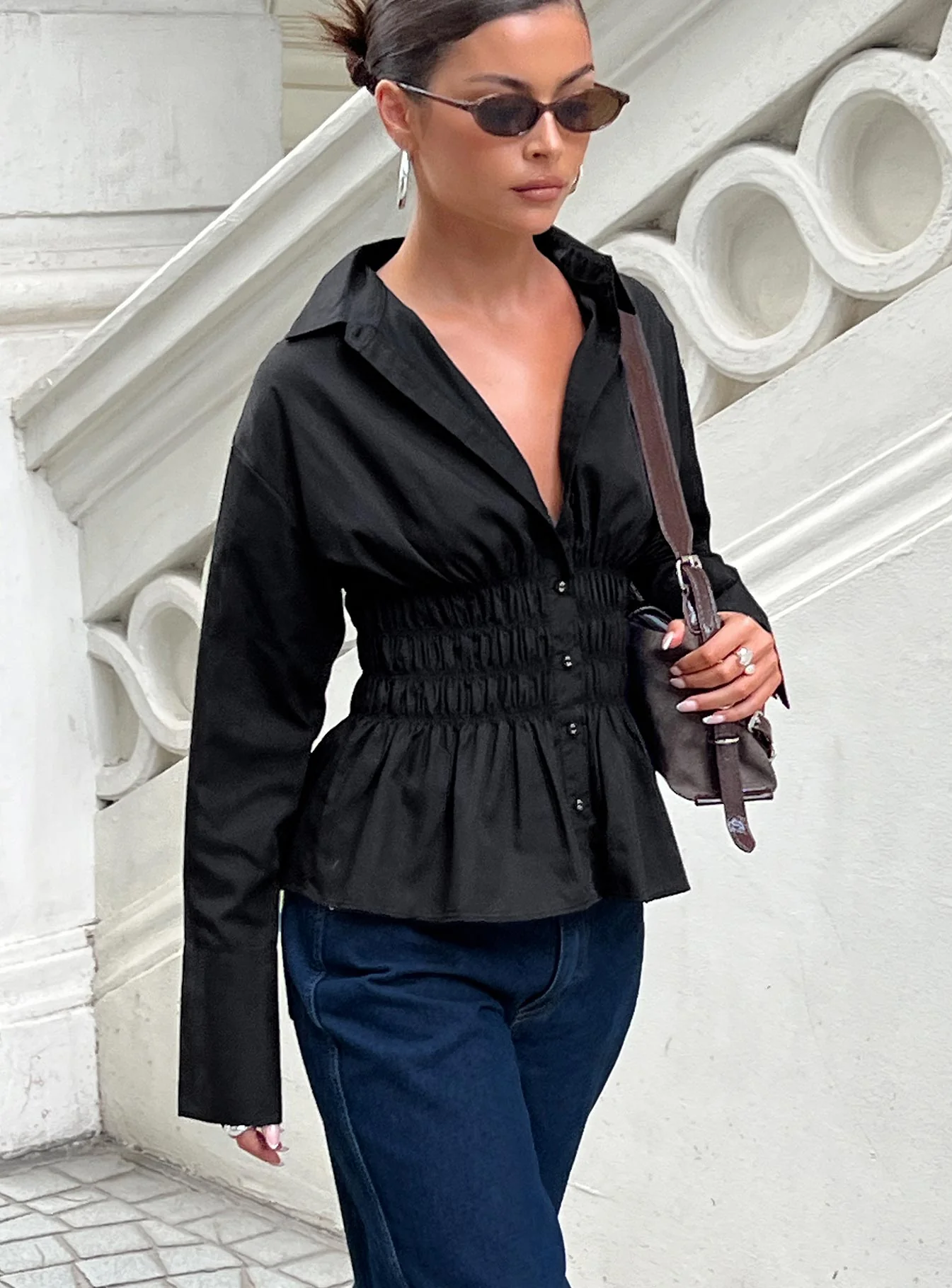 As You Are Shirred Button Up Top Black - Image 3