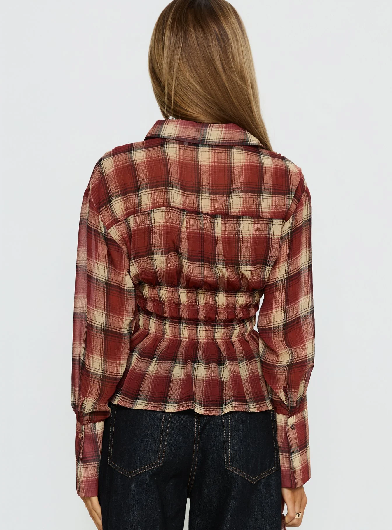 As You Are Shirred Button Up Top Red Check - Image 4