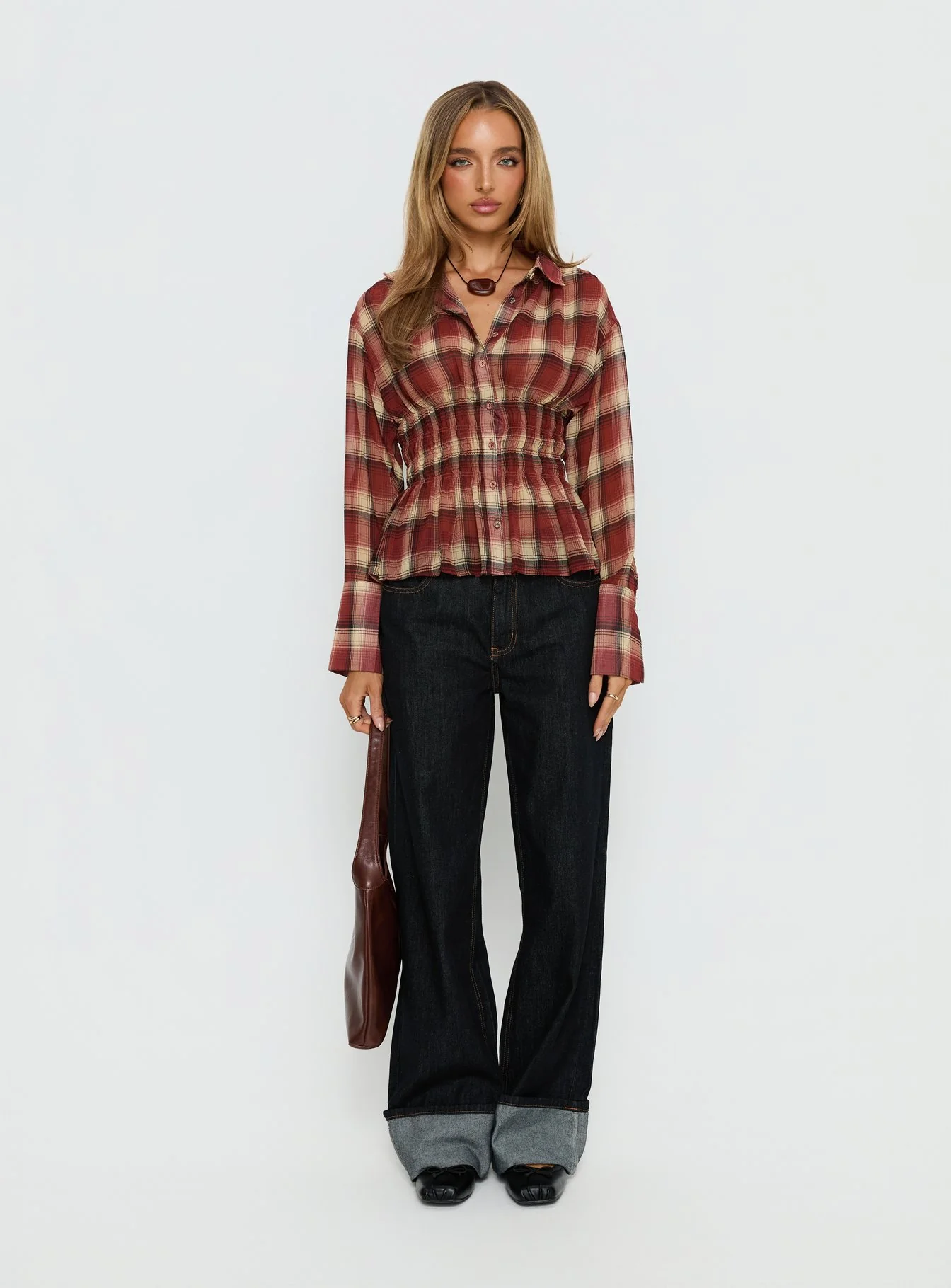 As You Are Shirred Button Up Top Red Check - Image 6
