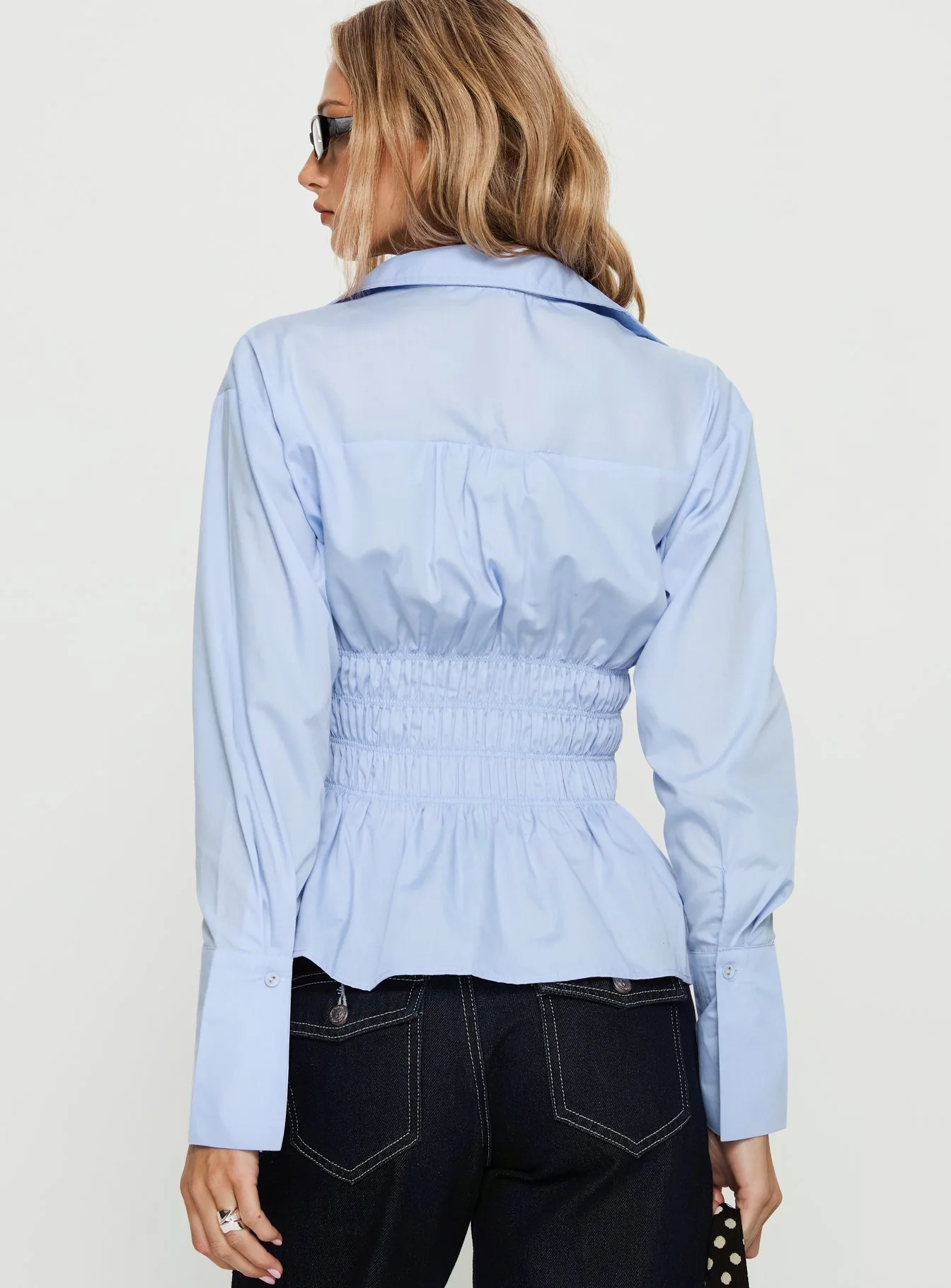 As You Are Shirred Button Up Top Soft Blue - Image 5