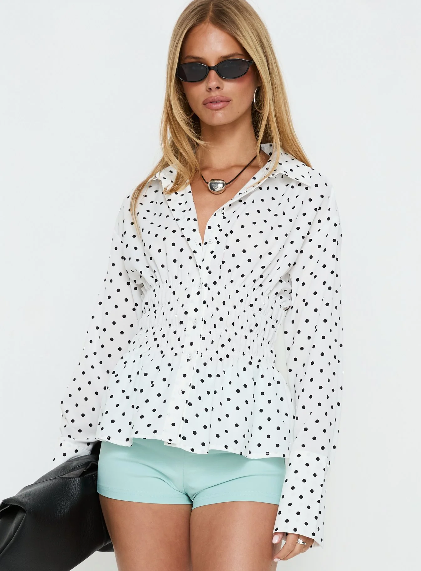 As You Are Shirred Button Up Top White Polka - Image 2