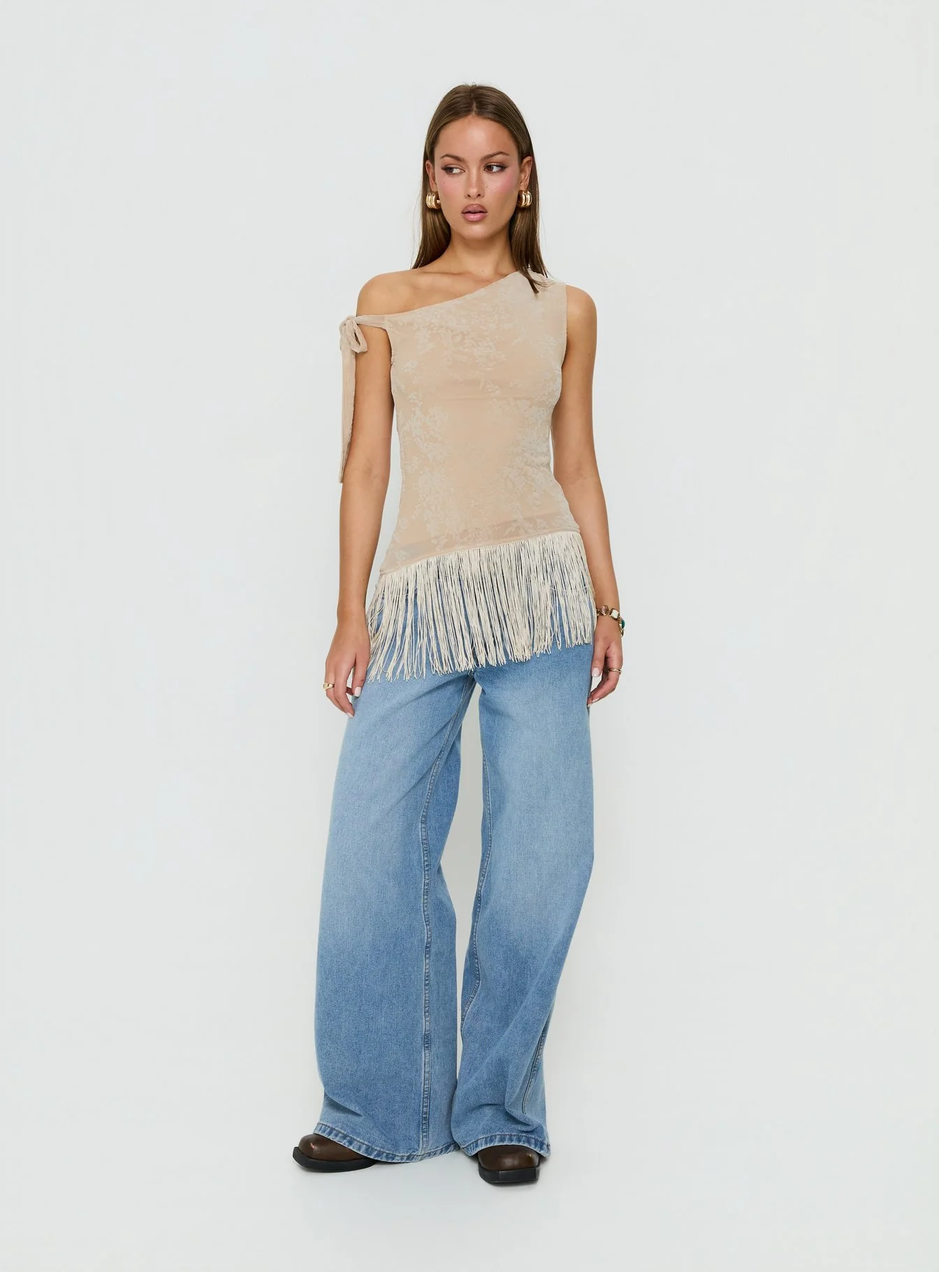 Astada One Shoulder Fringe Top Beige Floral - Image 3