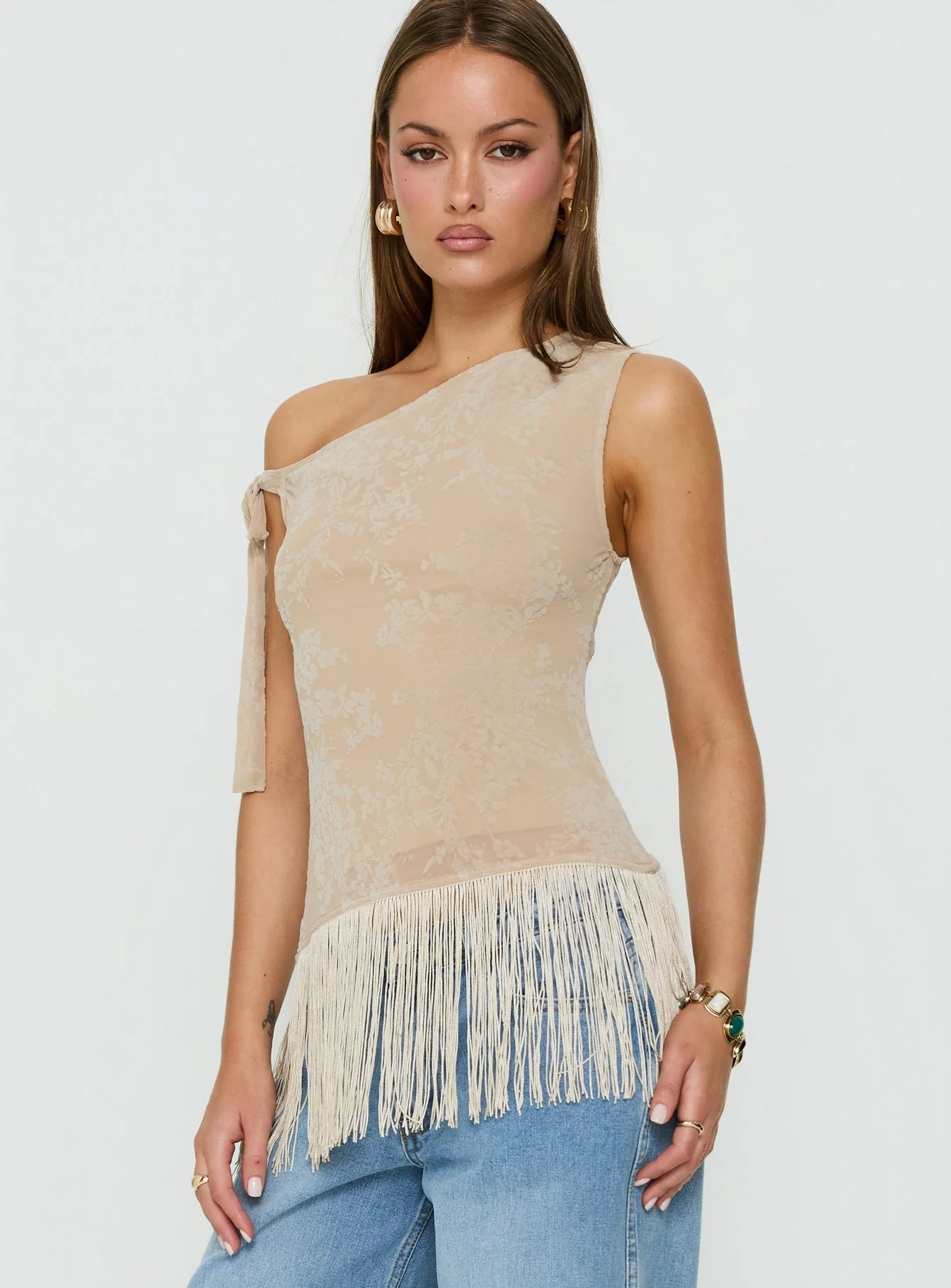 Astada One Shoulder Fringe Top Beige Floral - Image 4