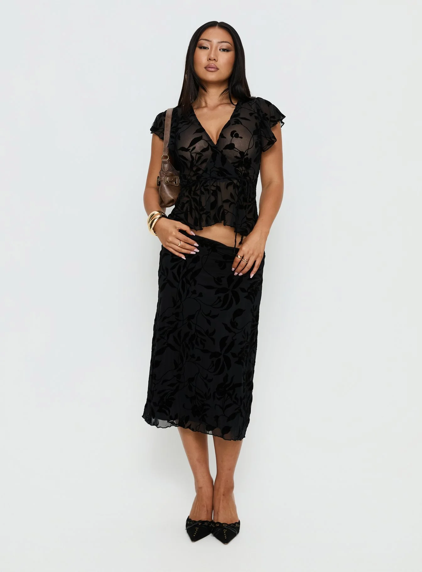 Atira Midi Skirt Leaf Flower Black