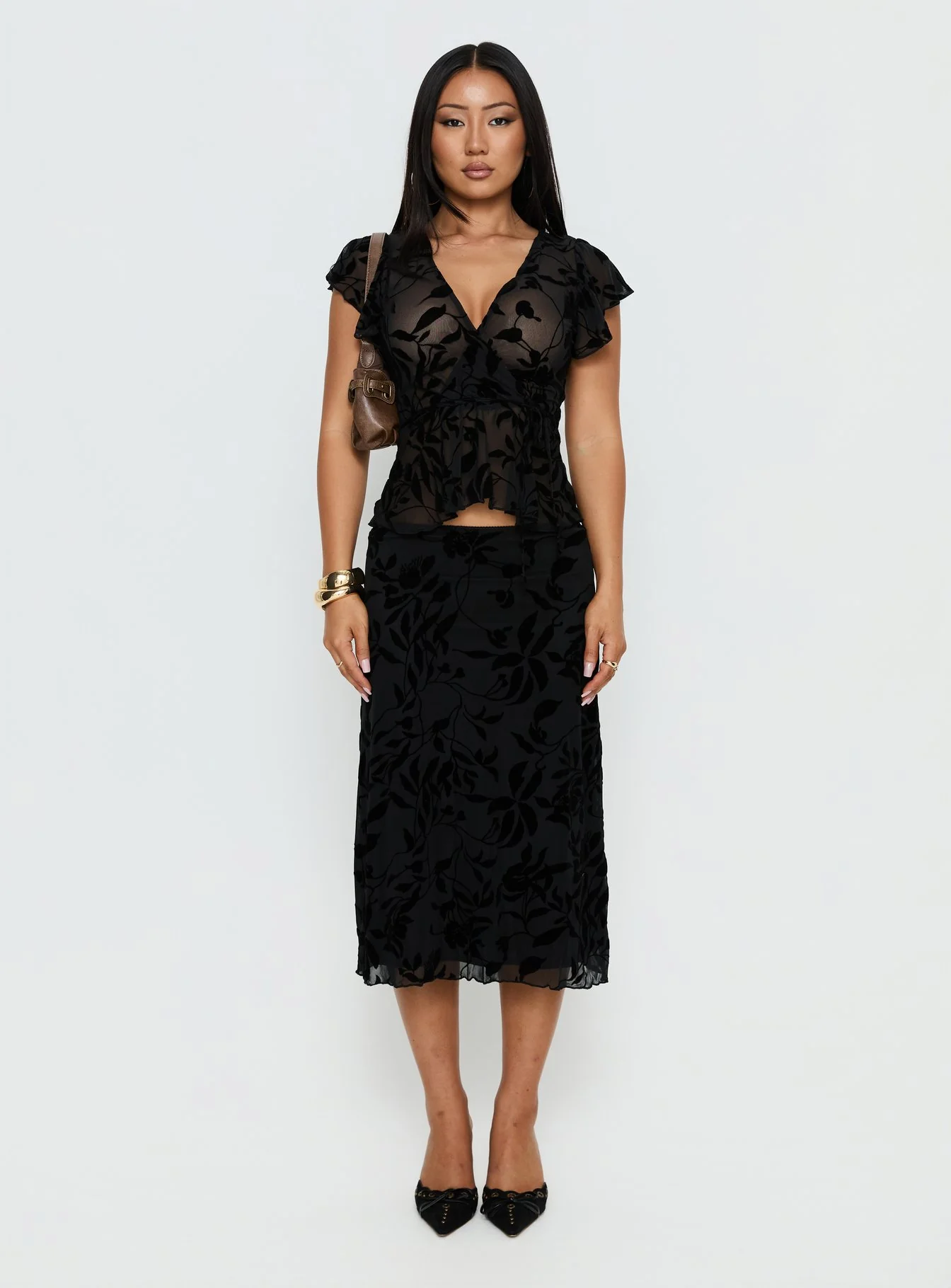 Atira Midi Skirt Leaf Flower Black - Image 6
