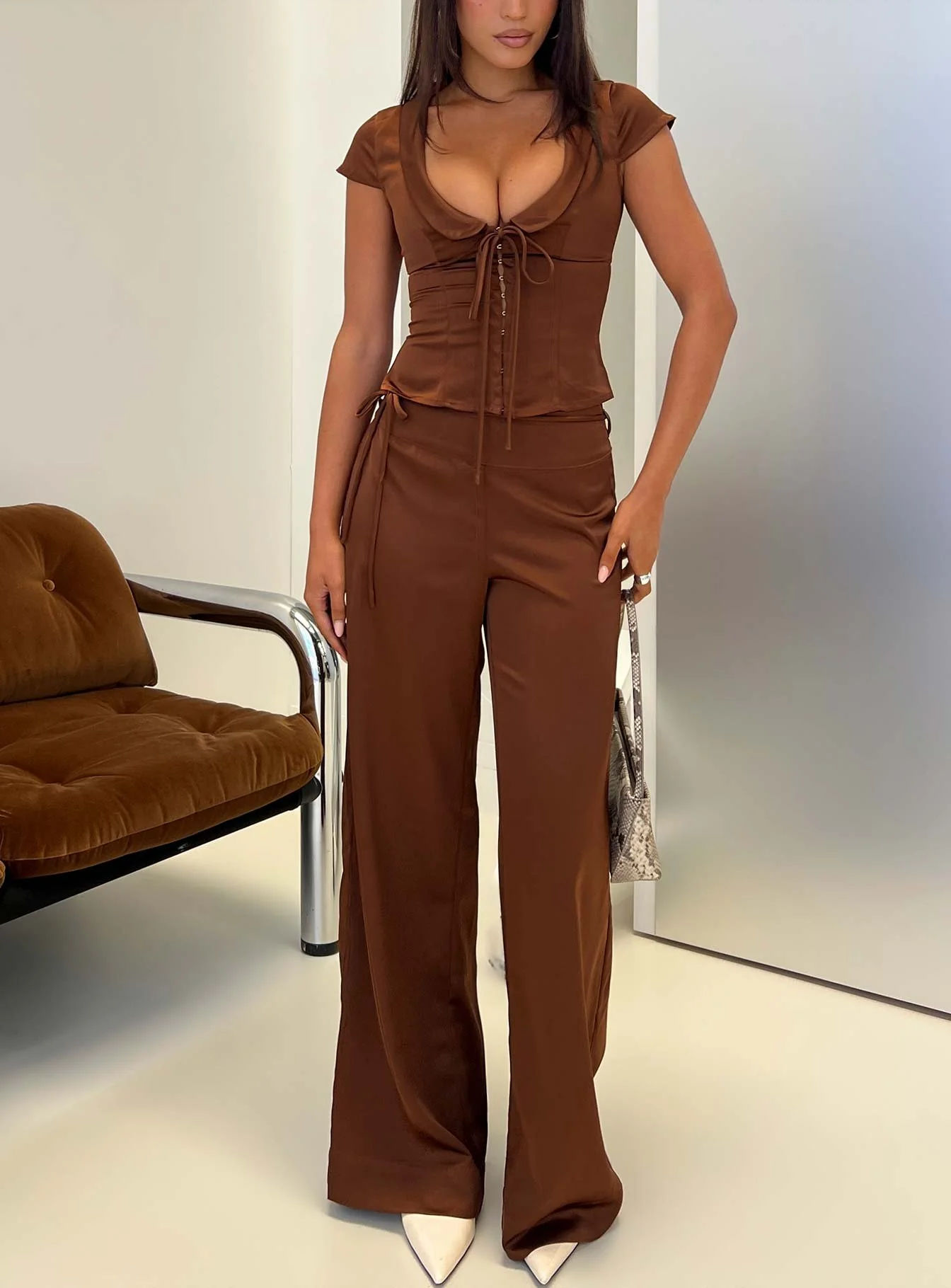 Aubrette Satin Collar Top Chocolate - Image 8