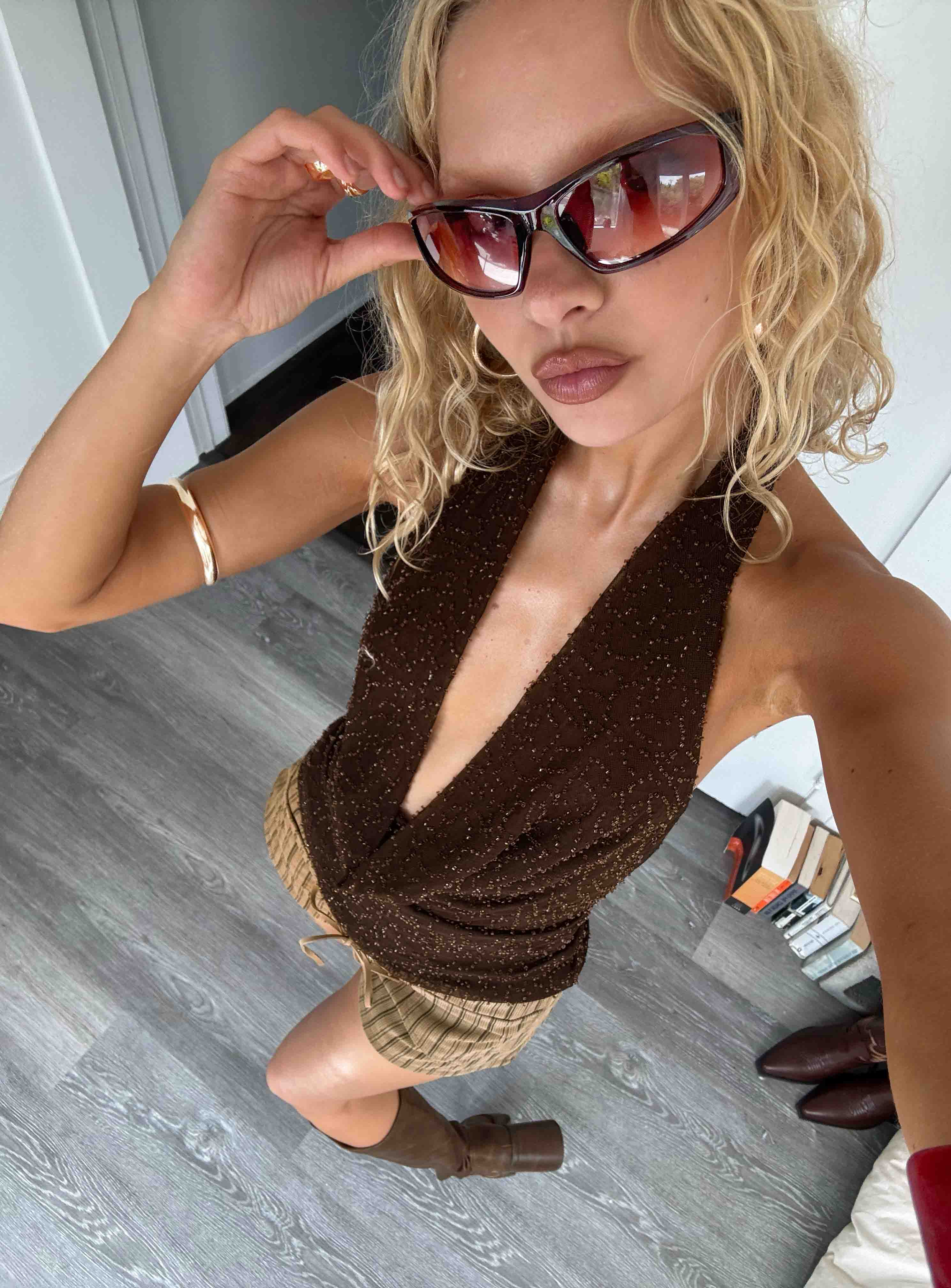 Auralie Plunge Neck Halter Top Brown - Image 11