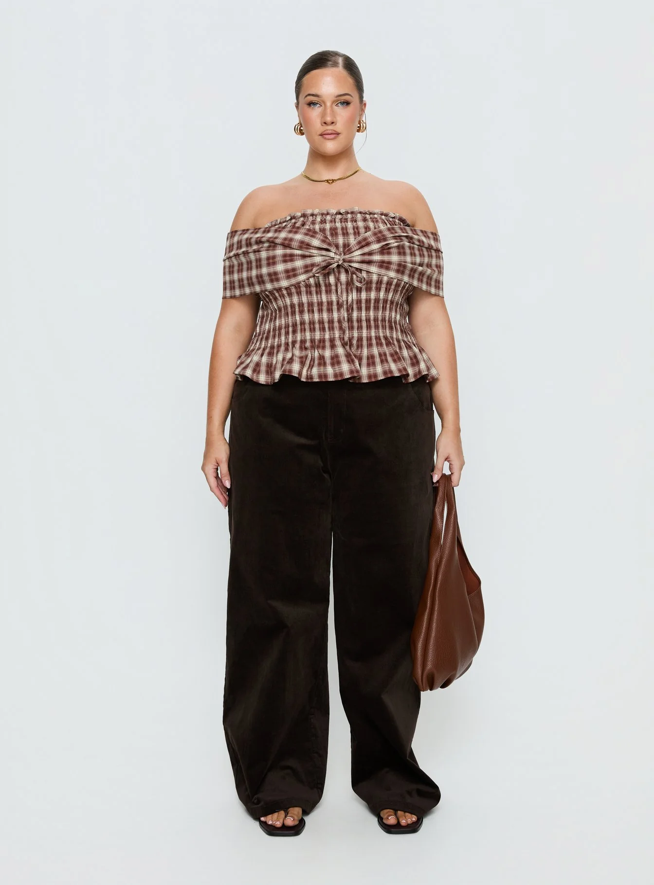 Avalynn Off Shoulder Shirred Top Brown Check Curve - Image 6