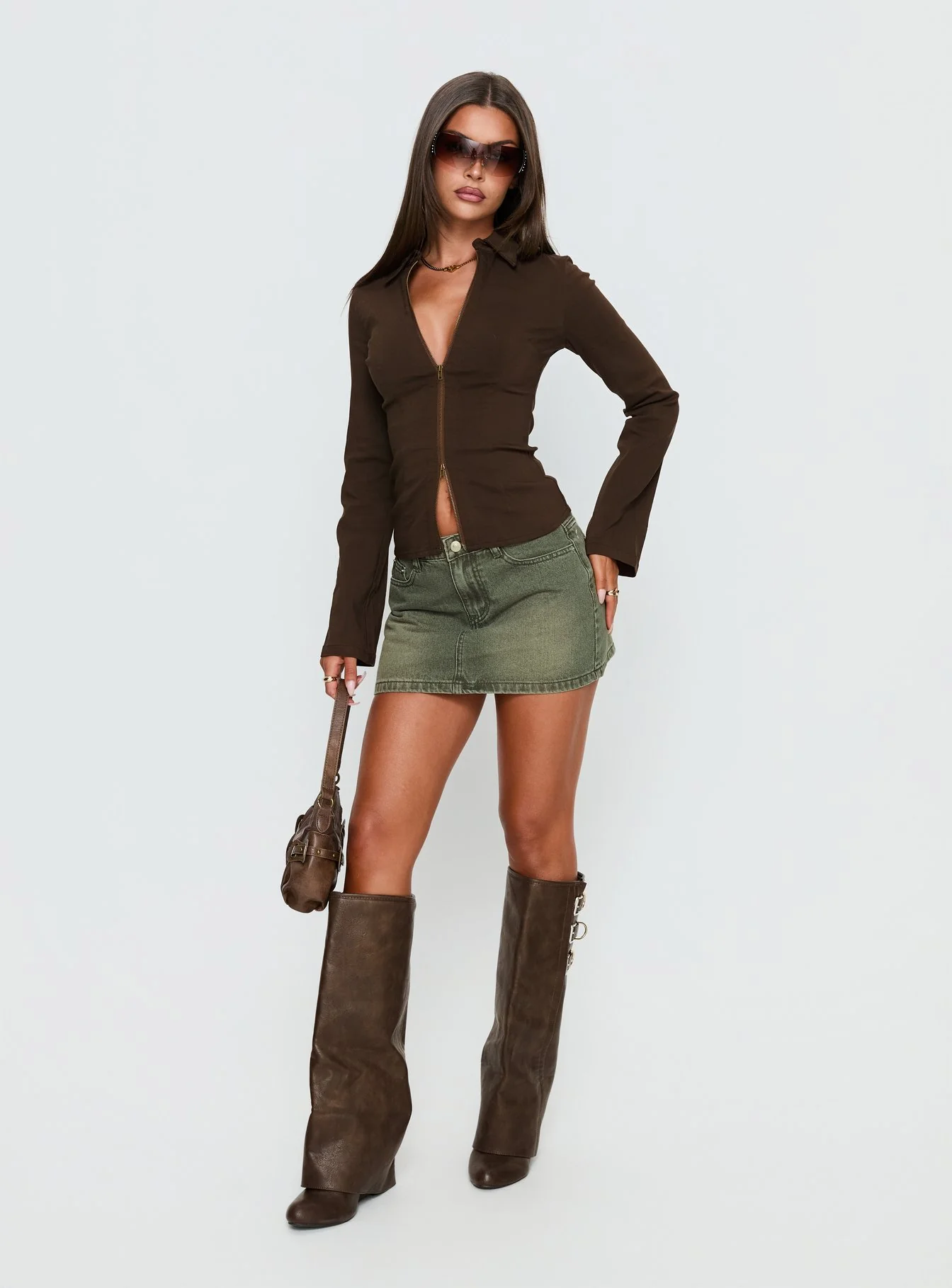 Aviela Zip Up Long Sleeve Top Brown - Image 3