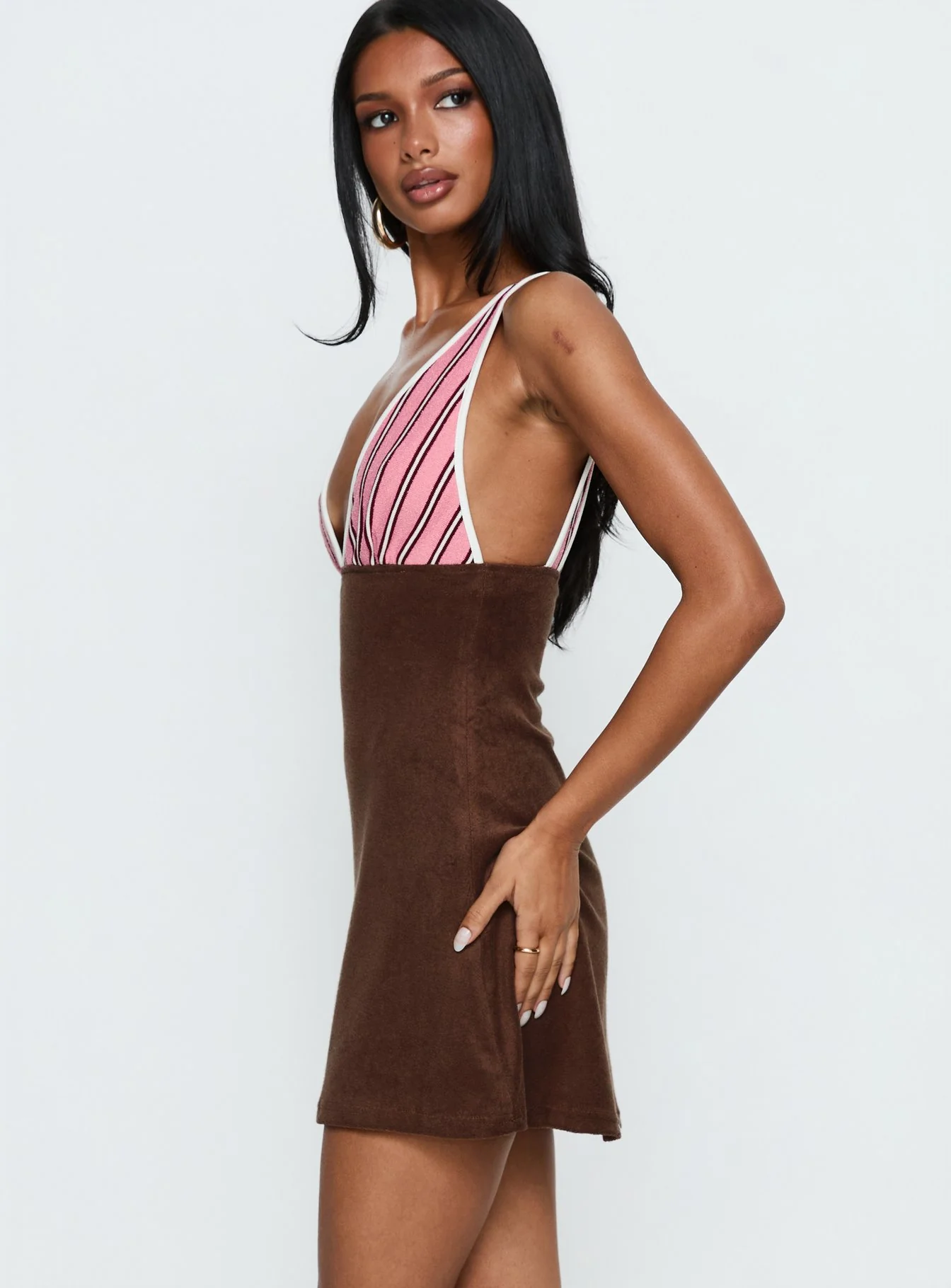 Aydenn Contrast Plunge Mini Dress Pink / Brown - Image 4