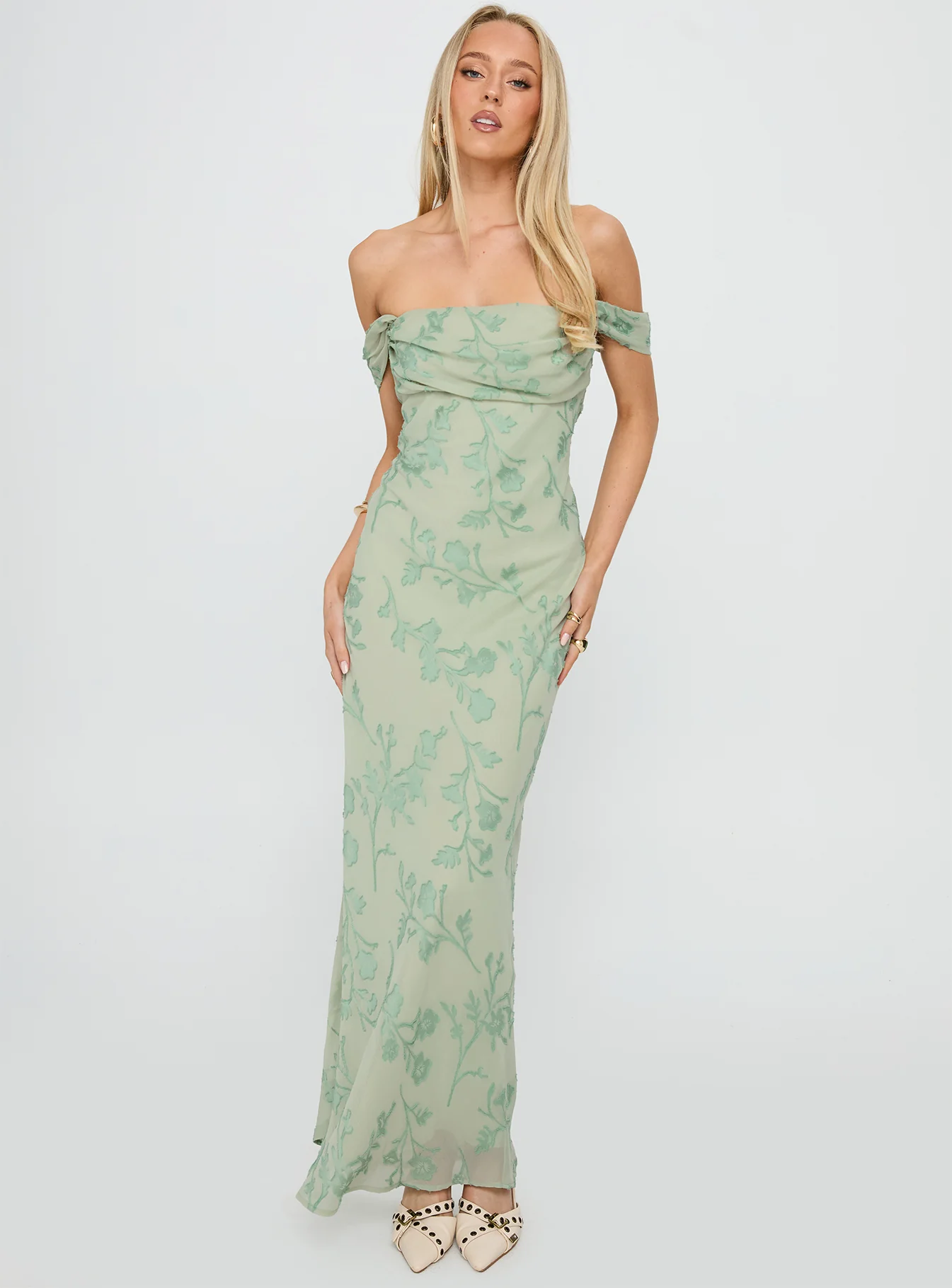 Azura Off The Shoulder Maxi Dress Green Burnout - Image 3