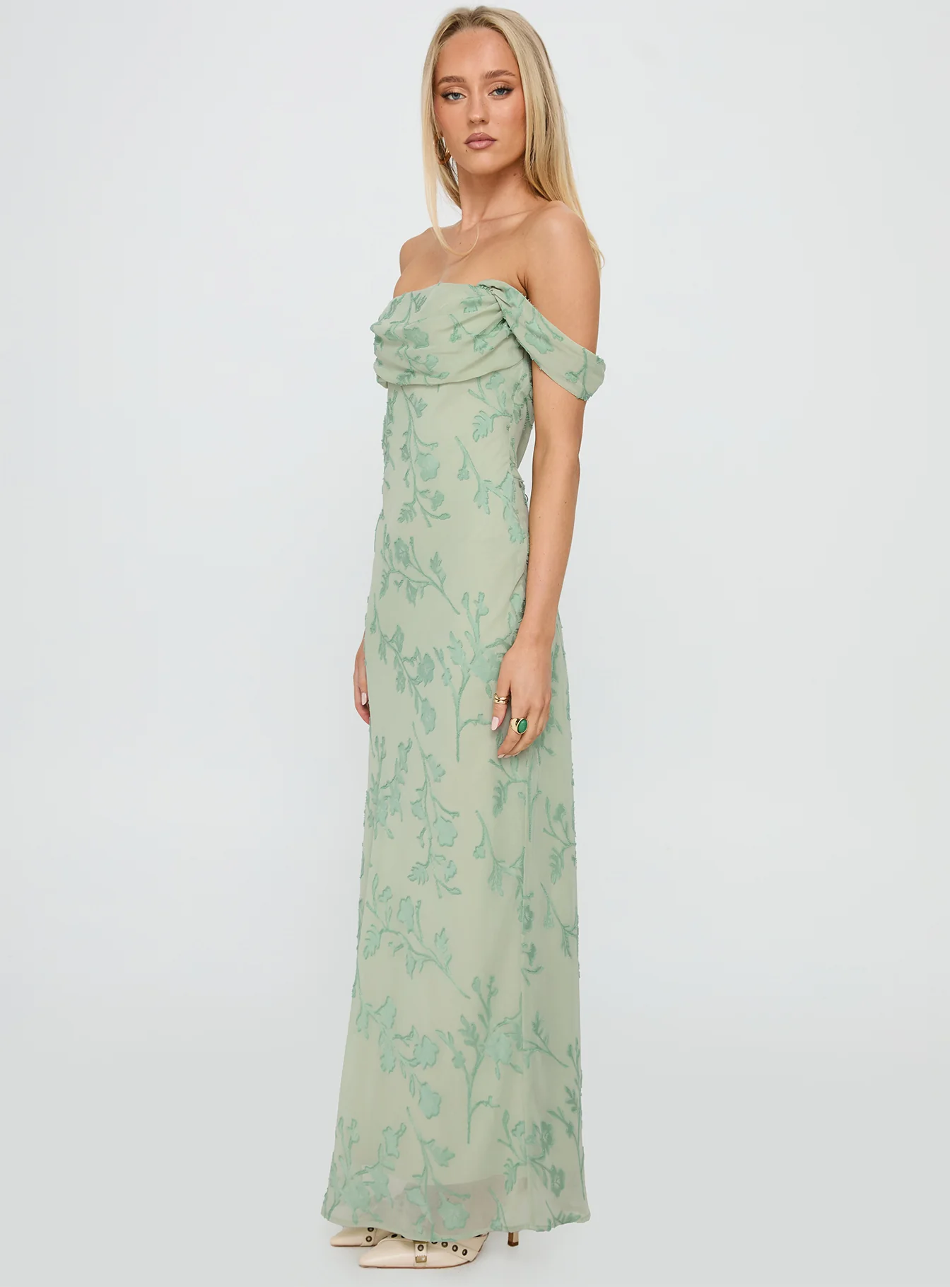 Azura Off The Shoulder Maxi Dress Green Burnout - Image 4