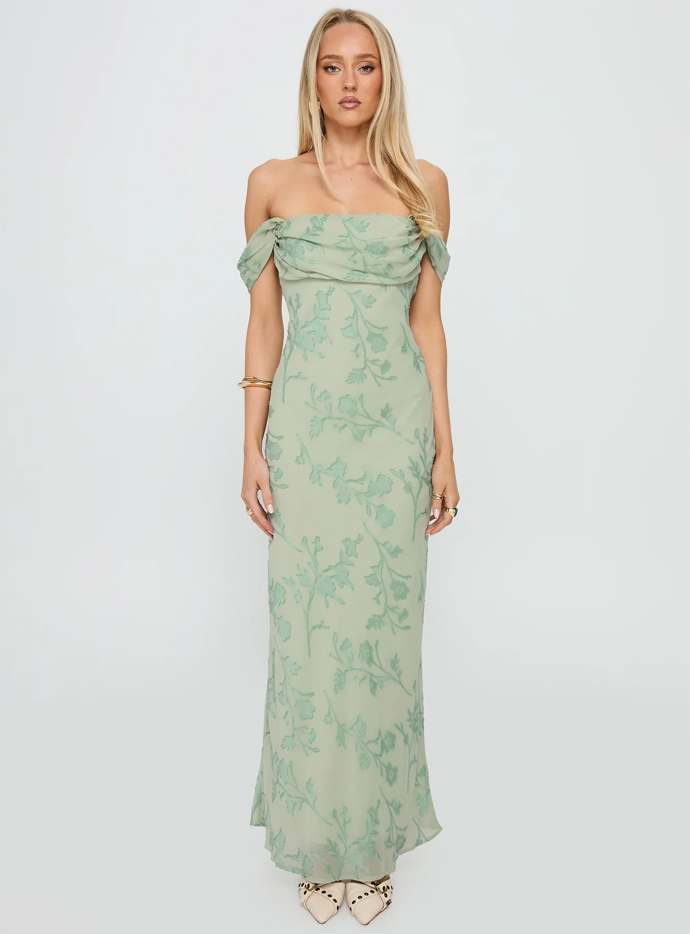Azura Off The Shoulder Maxi Dress Green Burnout - Image 7