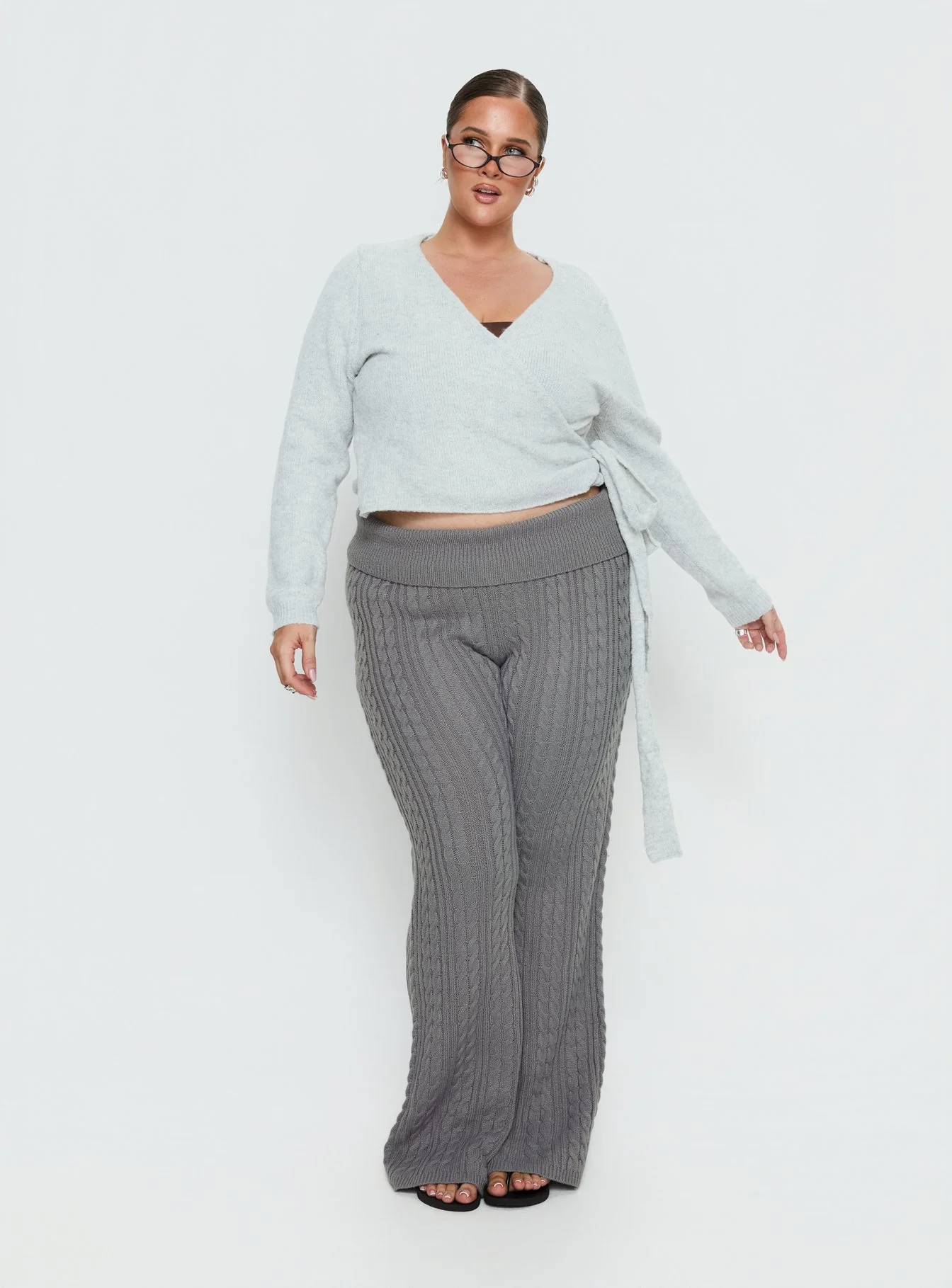 Baleigh Cable Knit Foldover Pants Grey Curve - Image 3