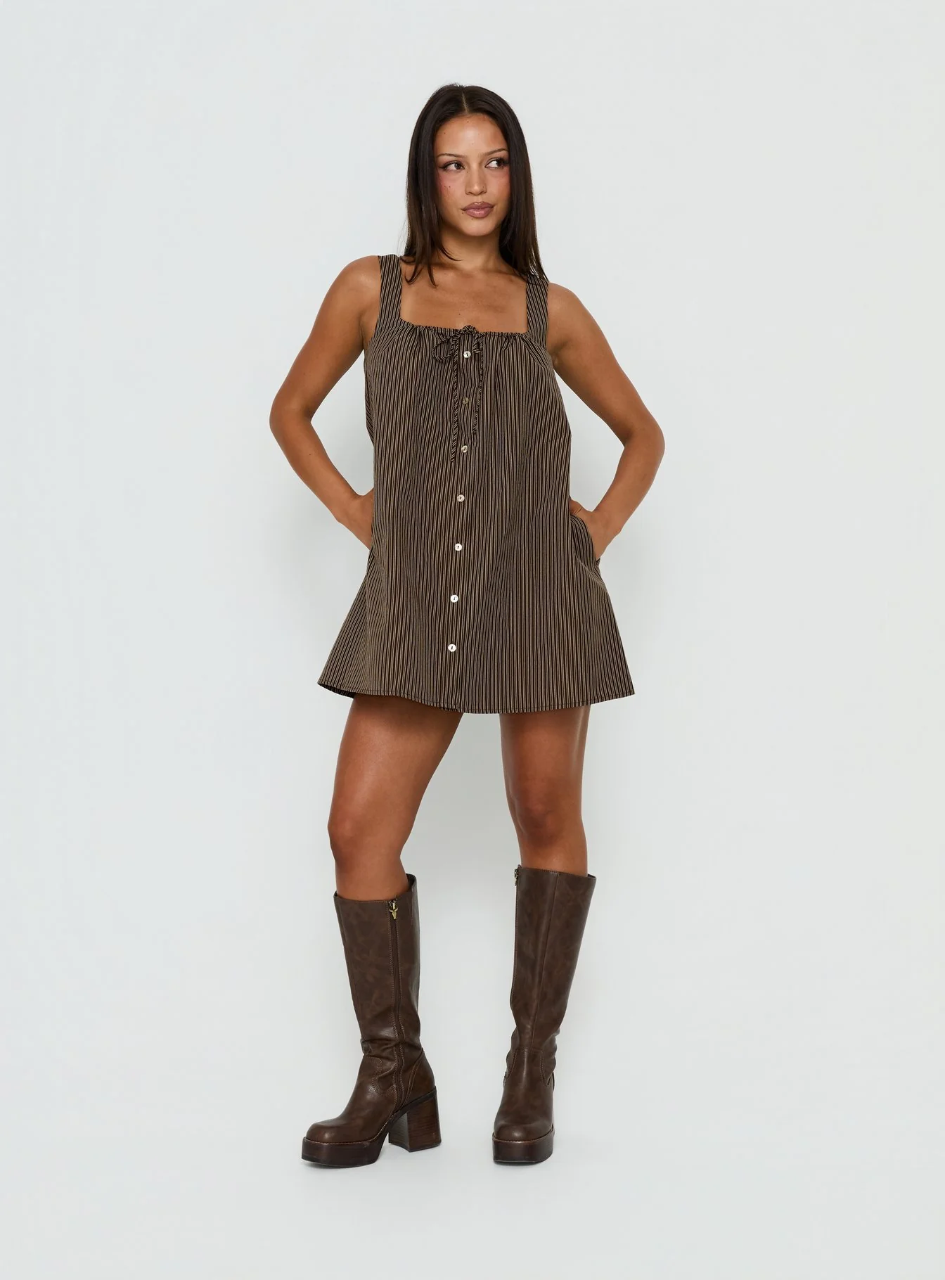 Bambalina Babydoll Mini Dress Brown Stripe - Image 3