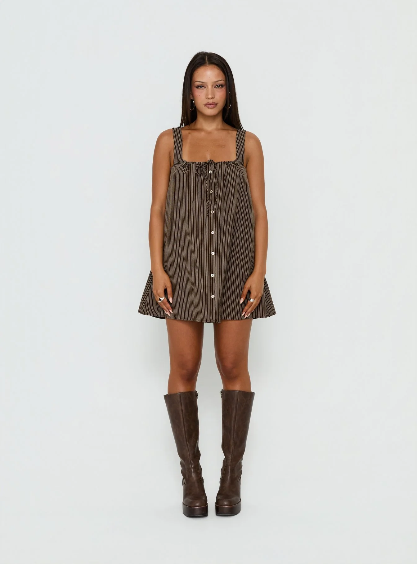 Bambalina Babydoll Mini Dress Brown Stripe - Image 7