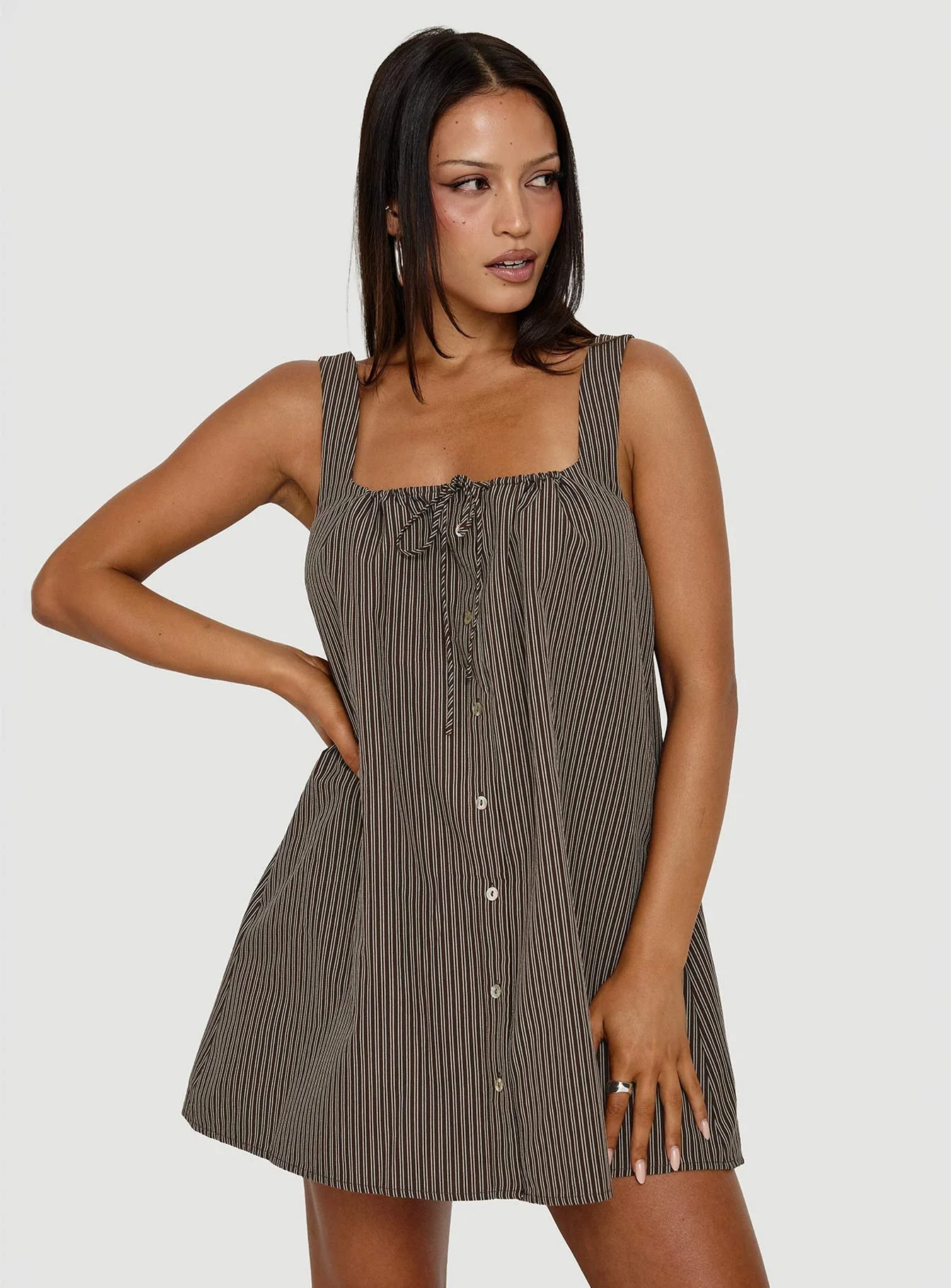 Bambalina Babydoll Mini Dress Brown Stripe - Image 8