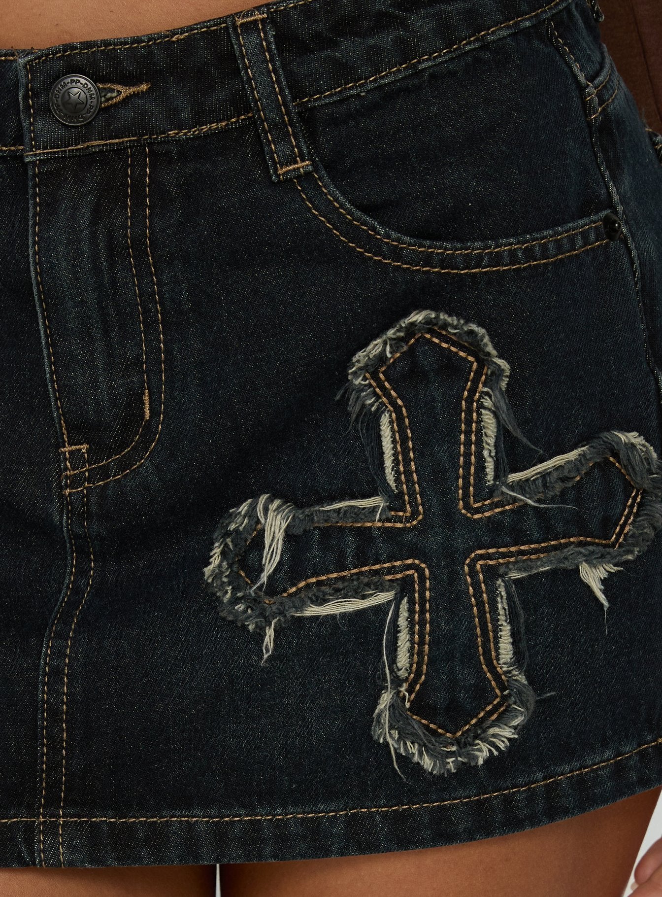 Barracuda Applique Denim Mini Skirt Grunge Wash - Image 6