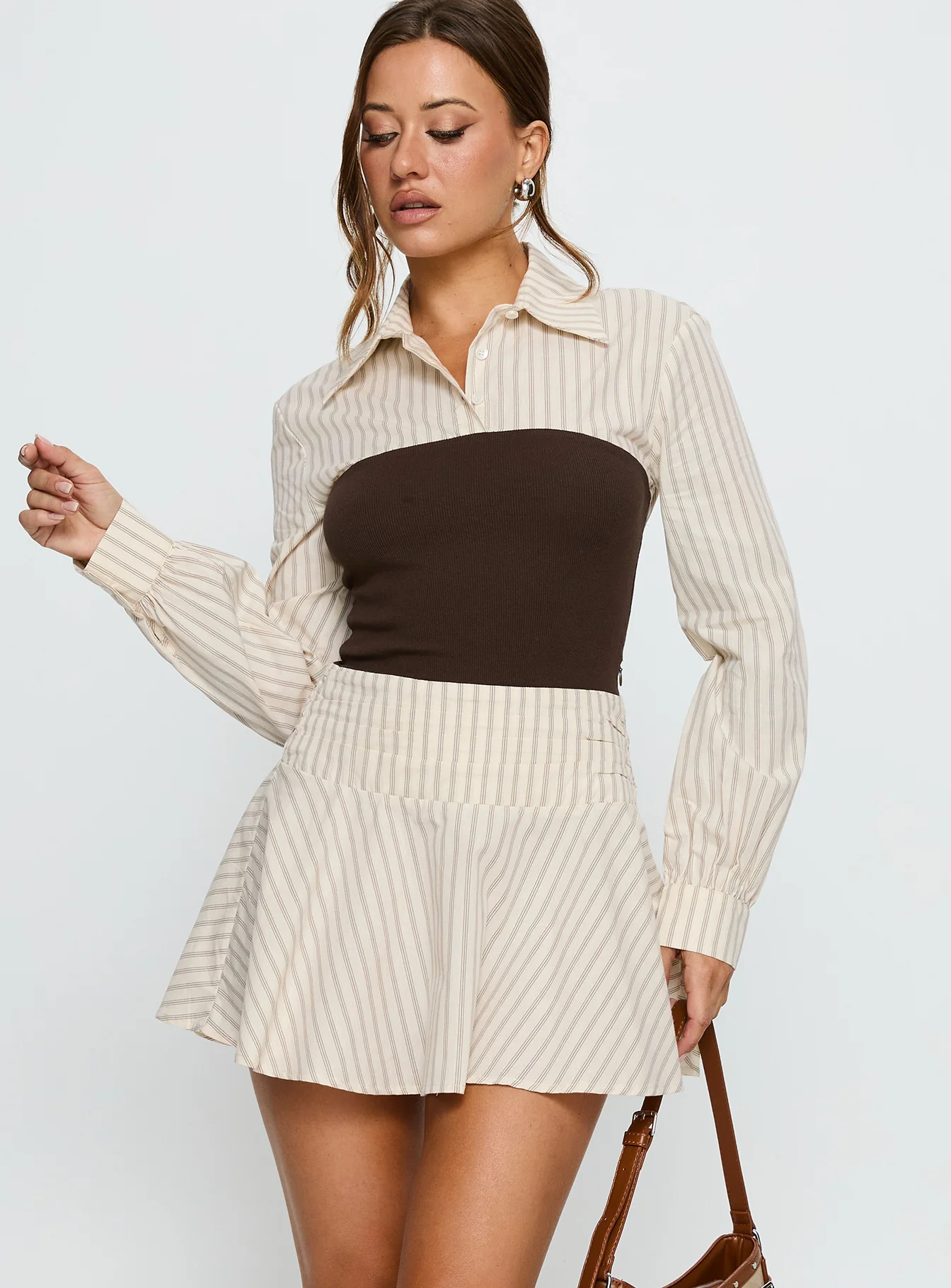 Belva Long Sleeve Corset Shirt Mini Dress Brown Stripe - Image 2