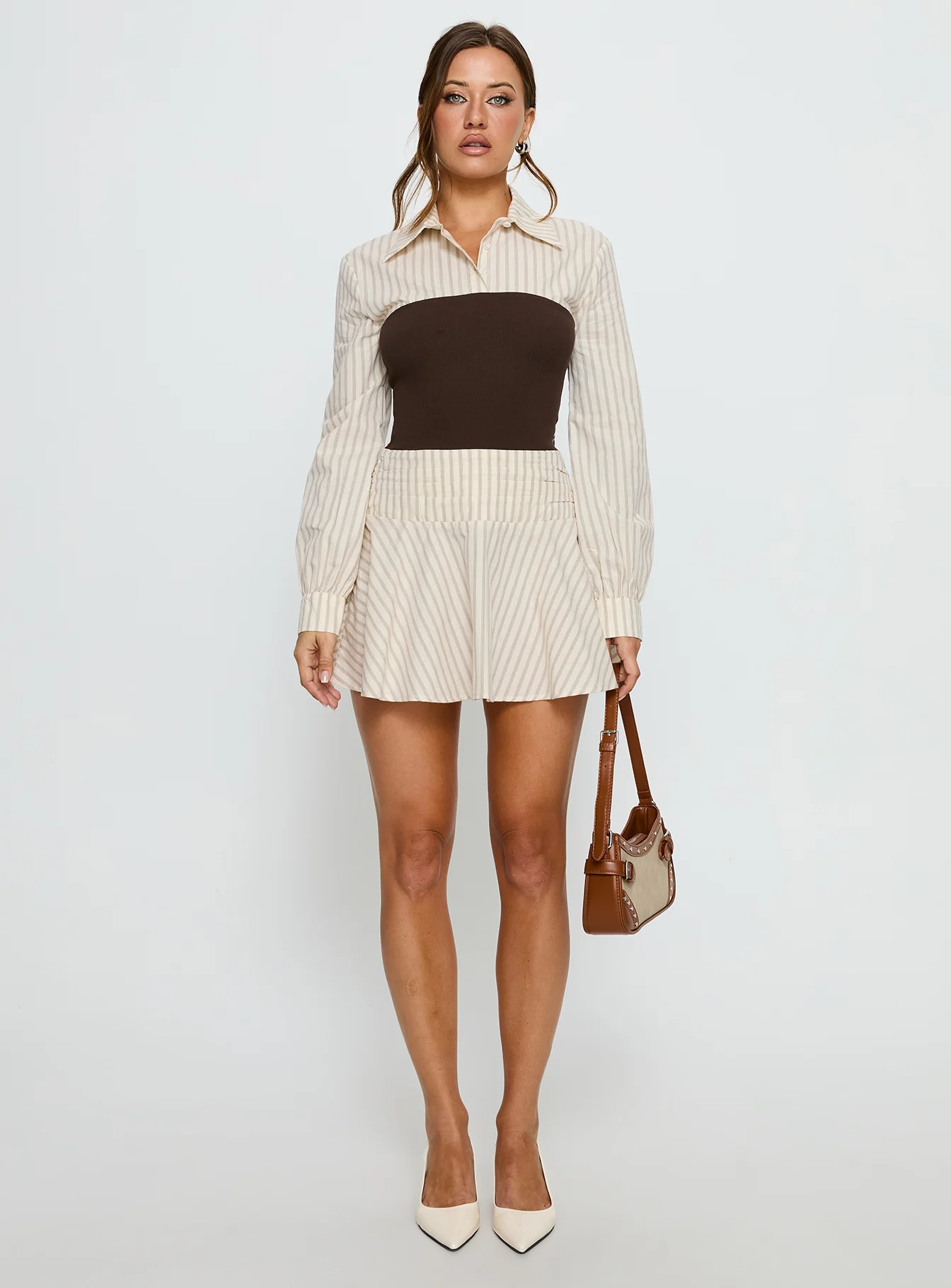 Belva Long Sleeve Corset Shirt Mini Dress Brown Stripe - Image 7