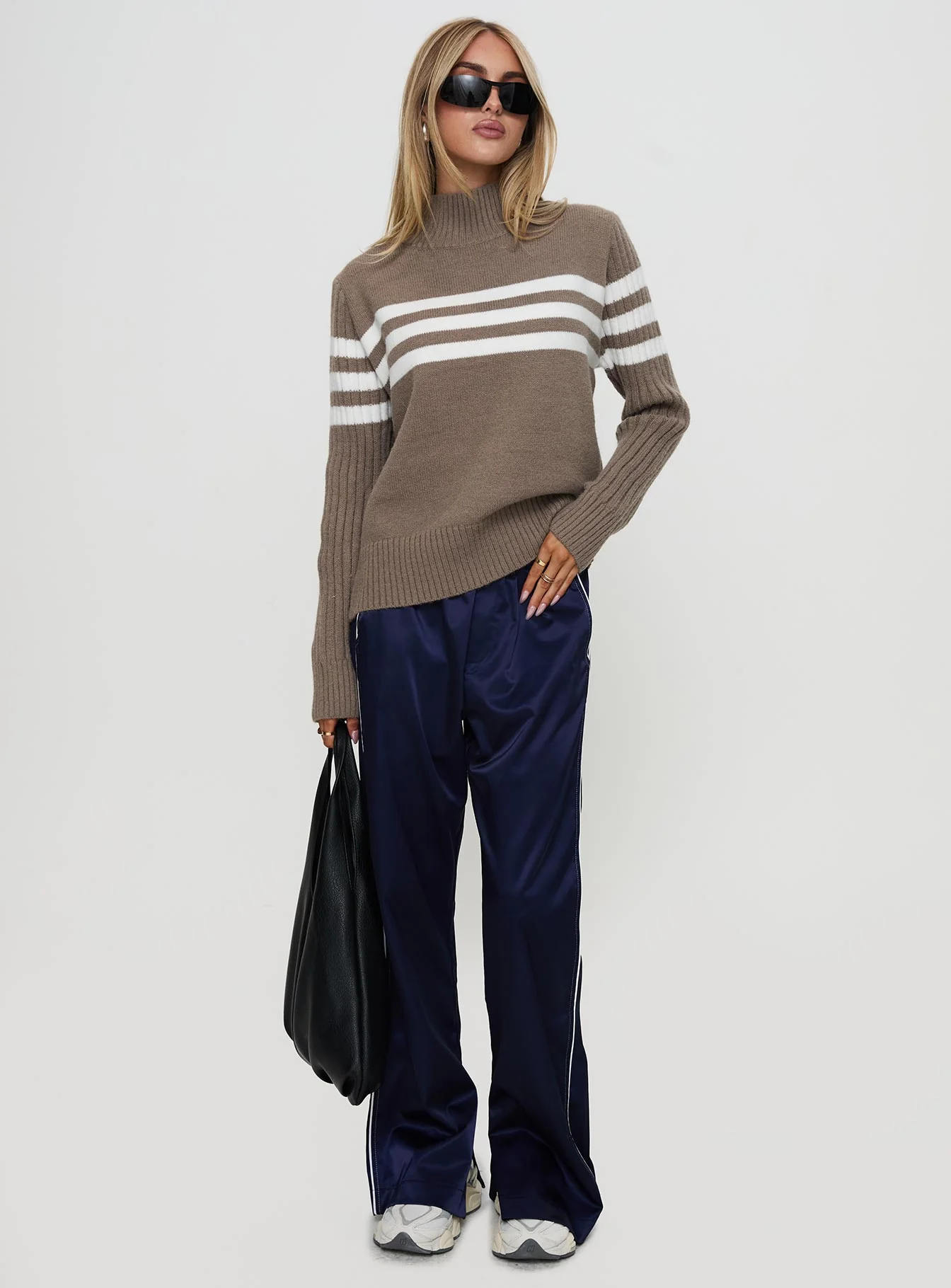Bessemer Funnel Neck Knit Sweater Mocha Stripe - Image 2