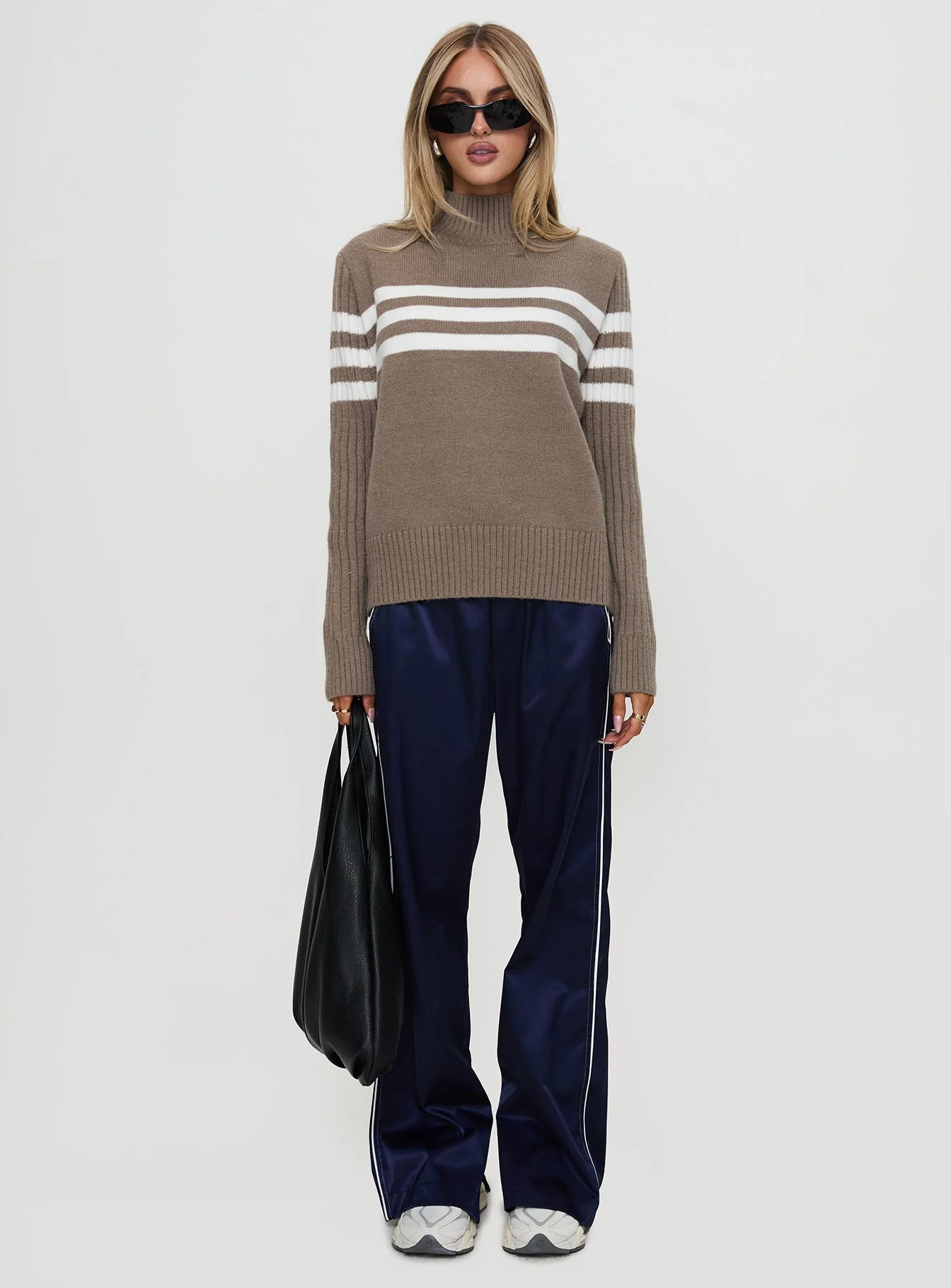 Bessemer Funnel Neck Knit Sweater Mocha Stripe - Image 6