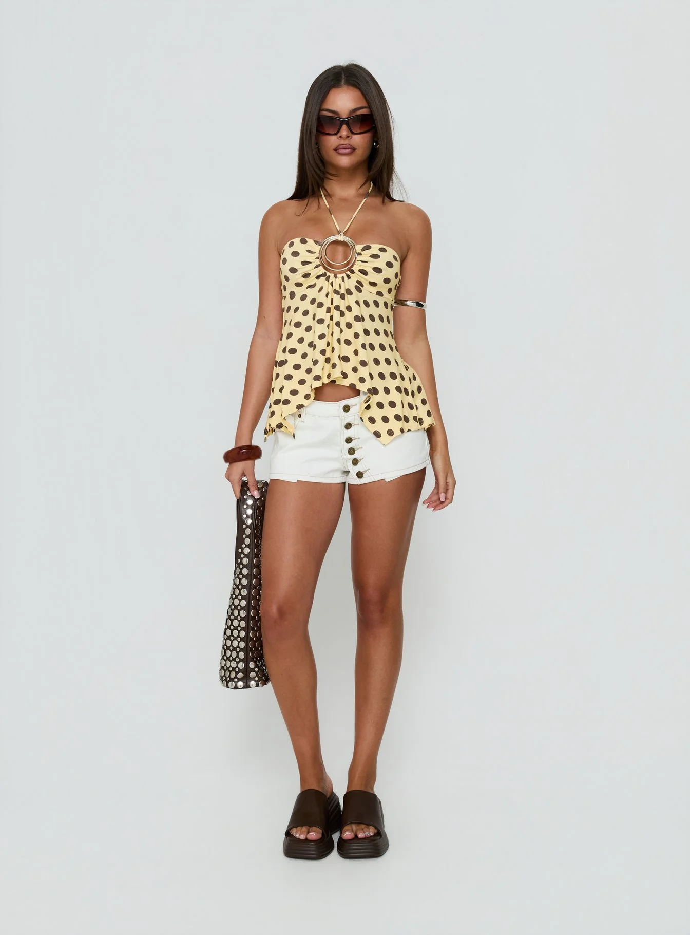 Betsey Ring Detail Tie Neck Top Yellow Polka Dot - Image 3