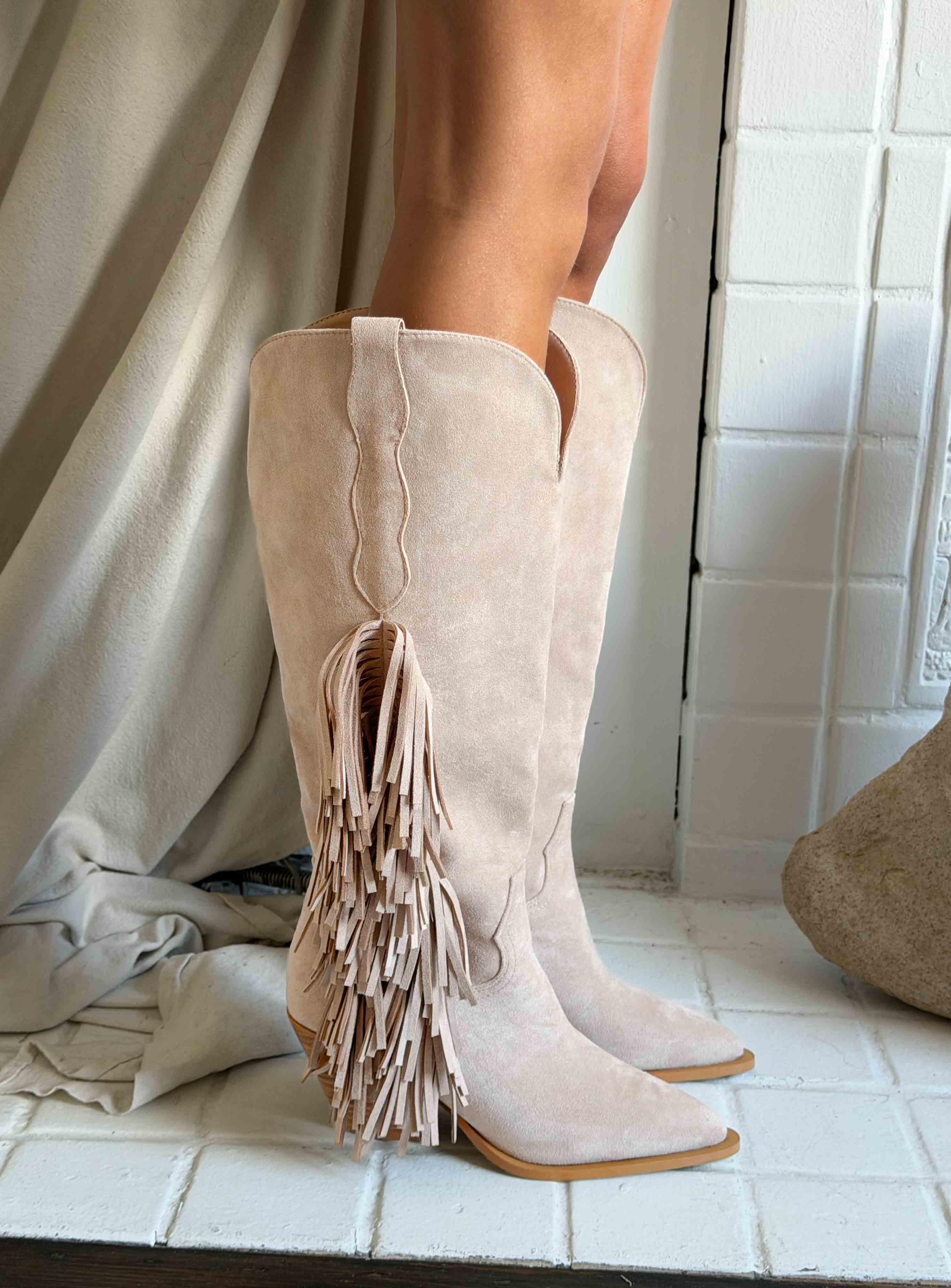 Billini Ardie Faux Suede Tassel Cowboy Boots Light Beige - Image 6