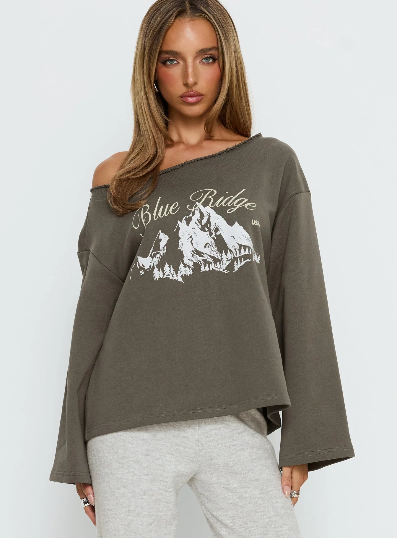 Blue Ridge Mountains Off Shoulder Graphic Sweater Grey - Image 2