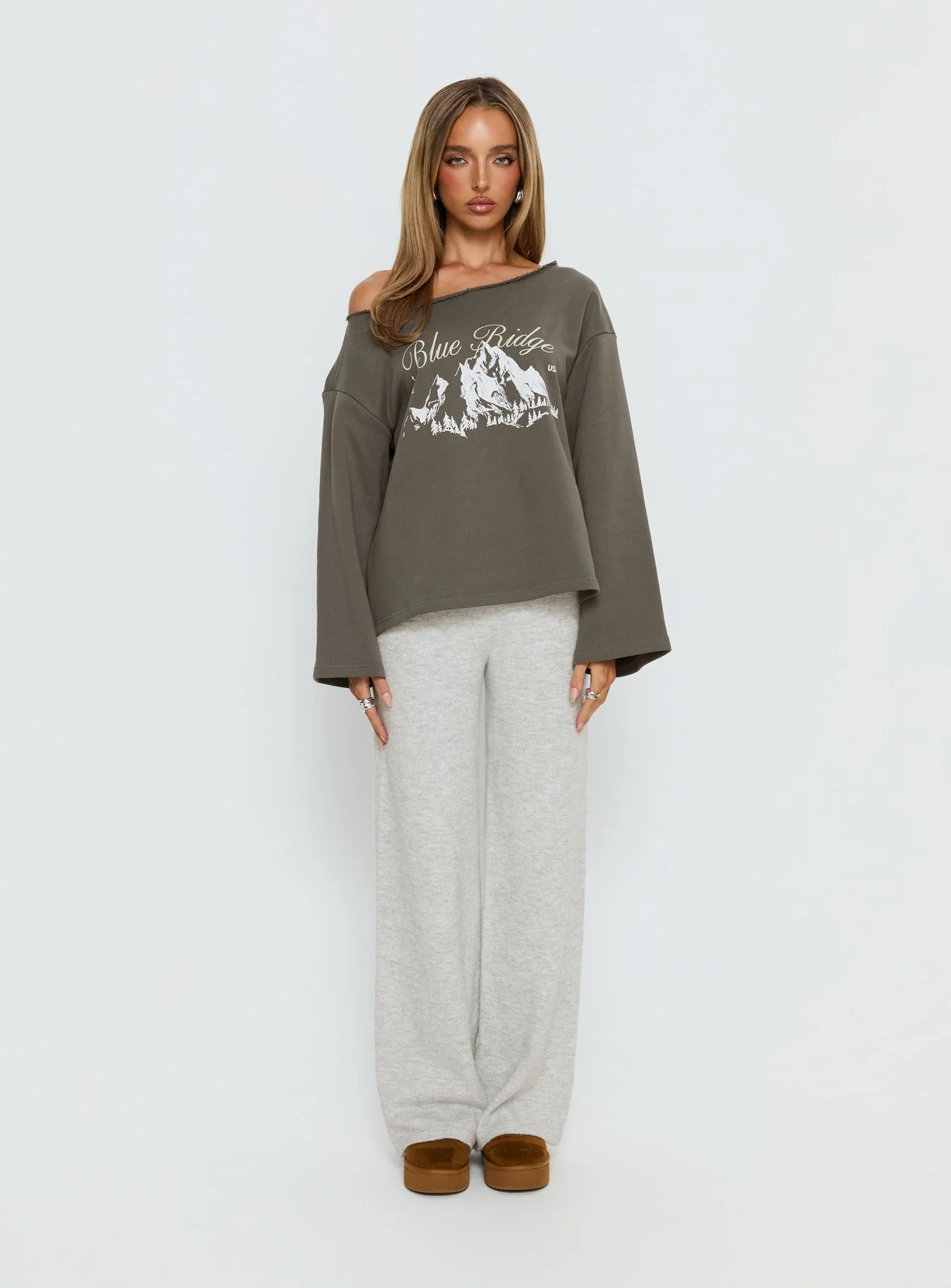 Blue Ridge Mountains Off Shoulder Graphic Sweater Grey - Image 7