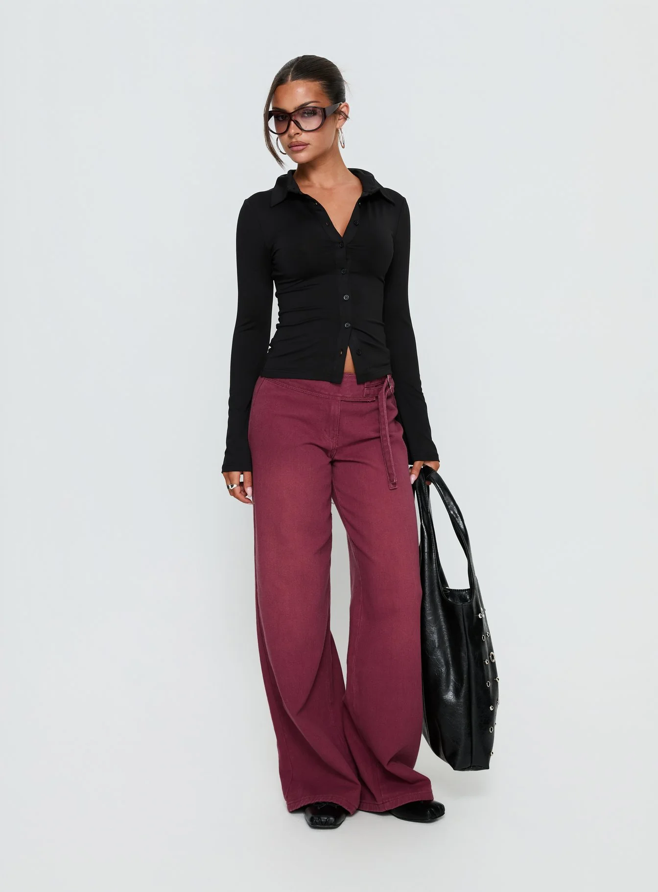 Boxie Mid Rise Wide Leg Jeans Washed Burgundy - Image 3