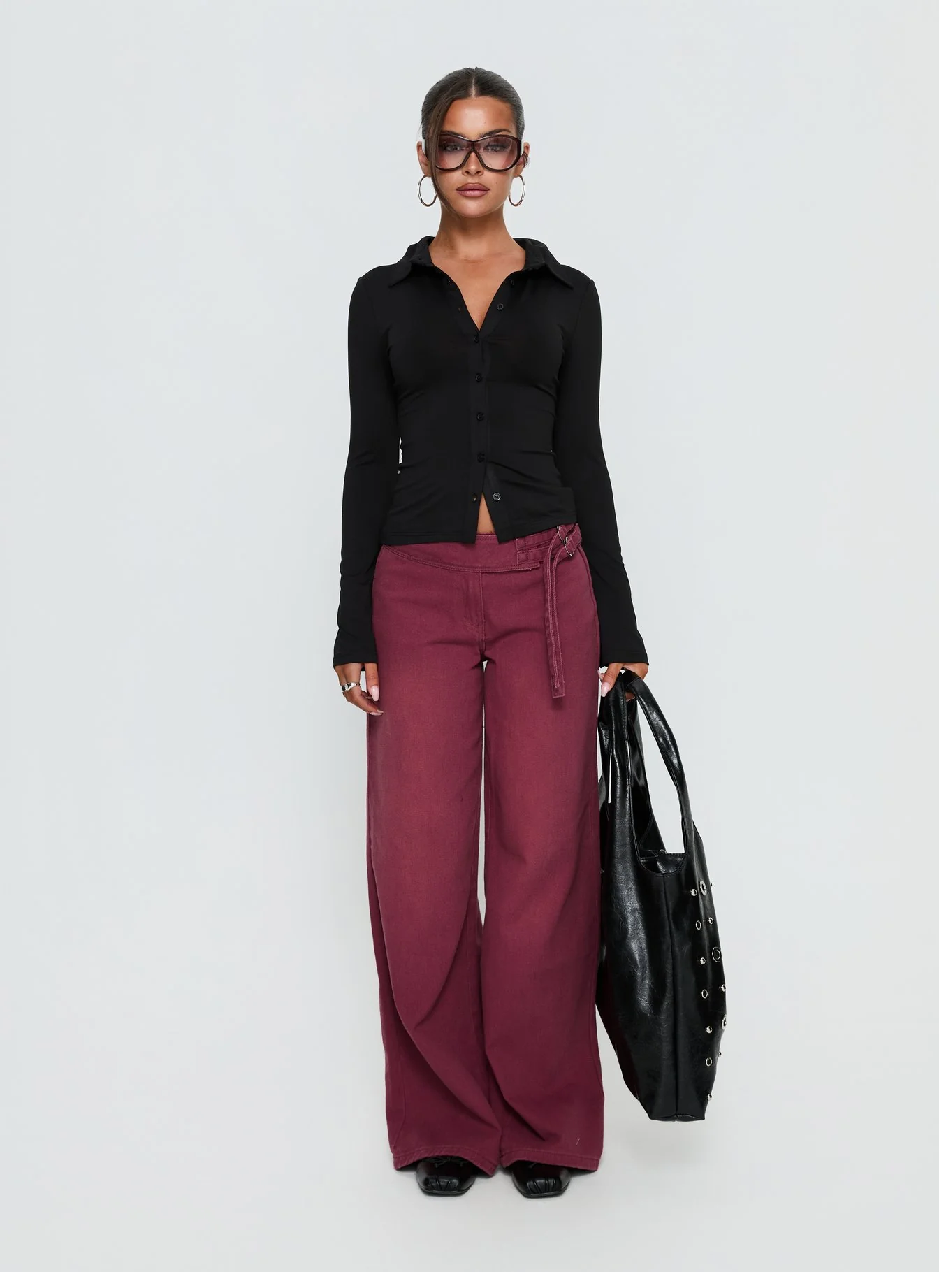Boxie Mid Rise Wide Leg Jeans Washed Burgundy - Image 7