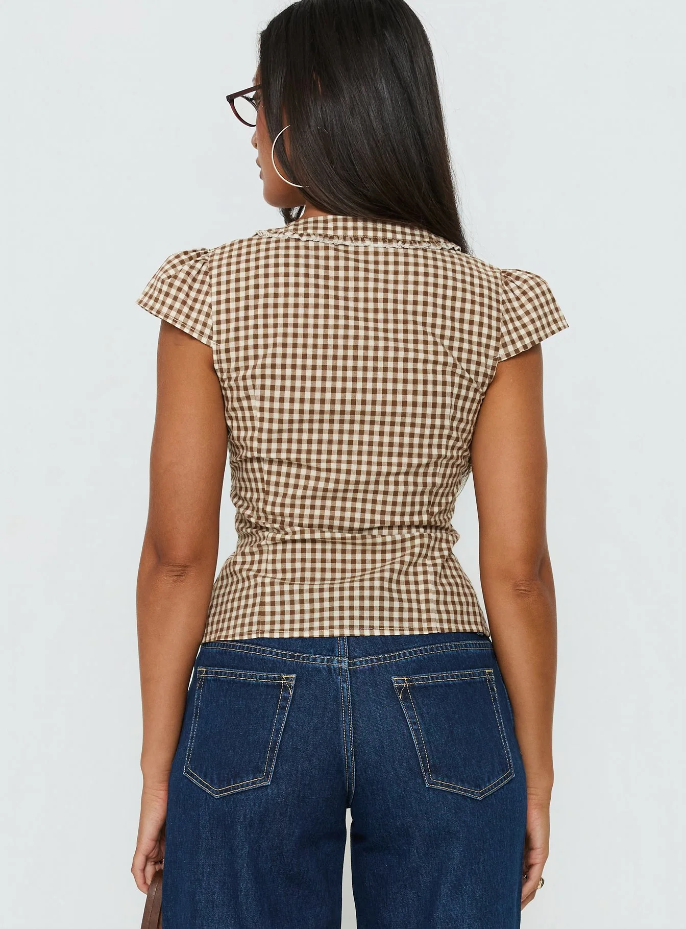 Bradlie Frill Detail Short Sleeve Blouse Top Chocolate Gingham - Image 5