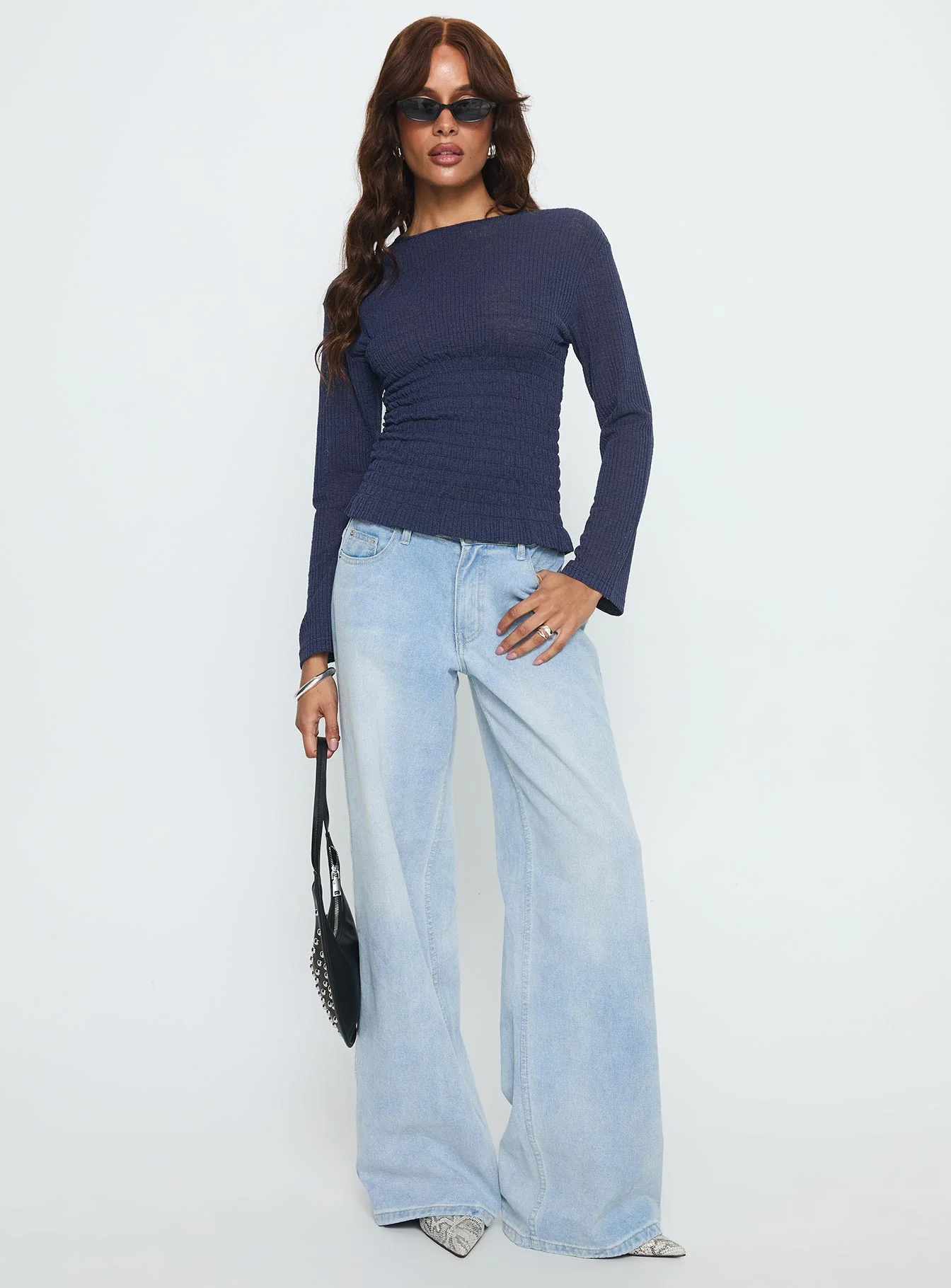 Bradly Shirred Long Sleeve Top Navy - Image 3